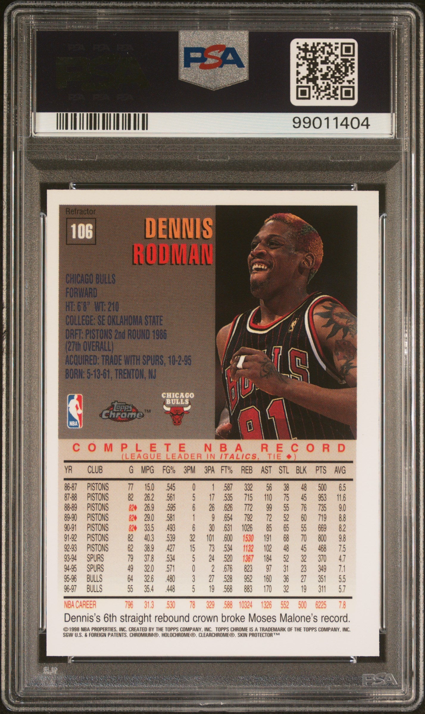 1997 Topps Chrome Dennis Rodman #106 Refractor PSA 8