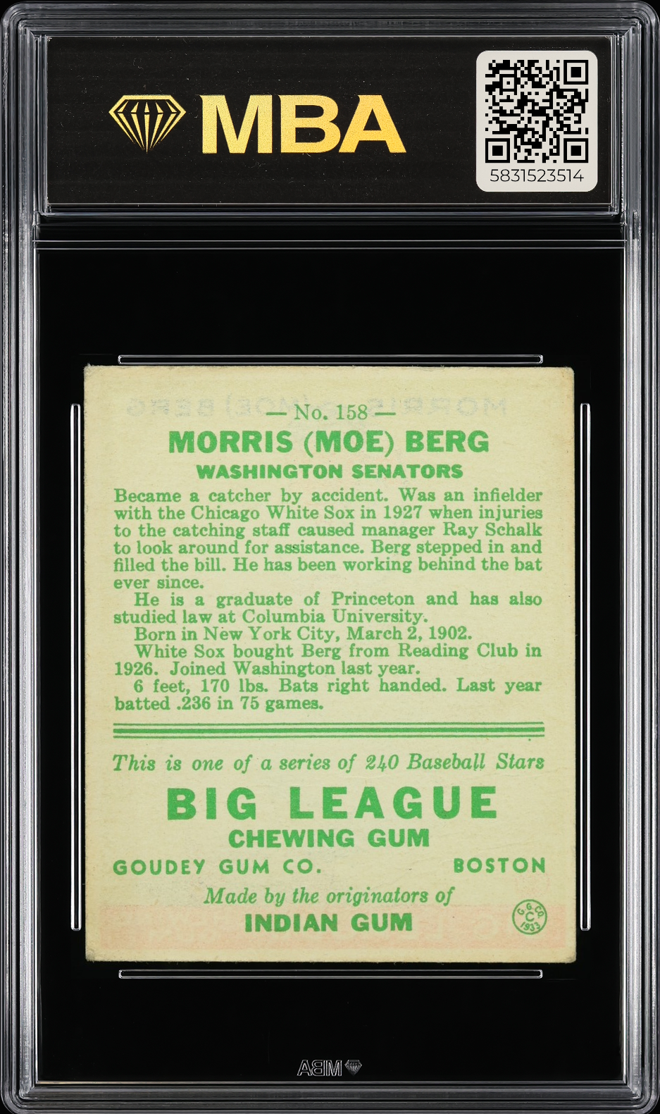 1933 Goudey Morris (Moe) Berg #158 MBA 2.5