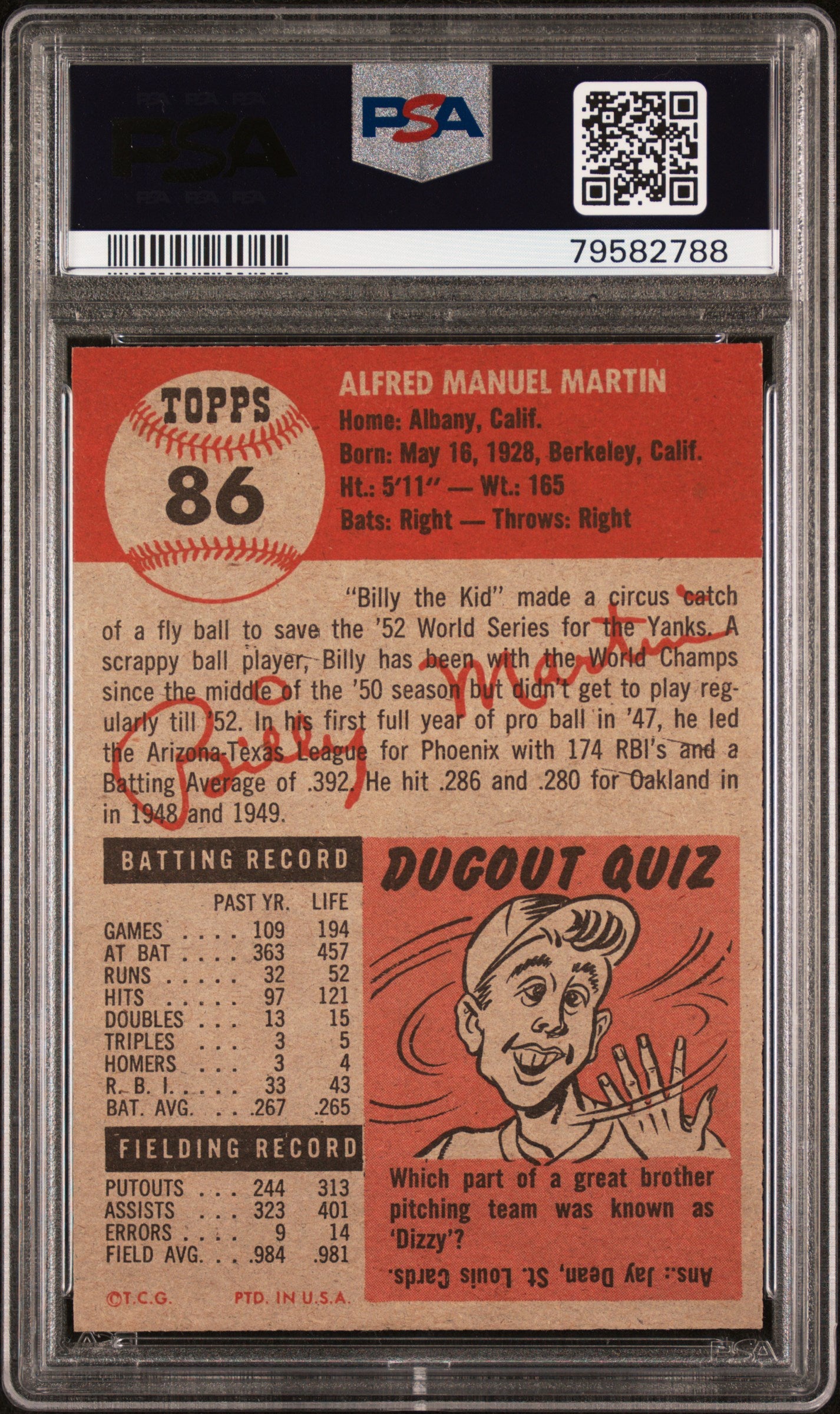 1953 Topps Billy Martin #86 PSA 8