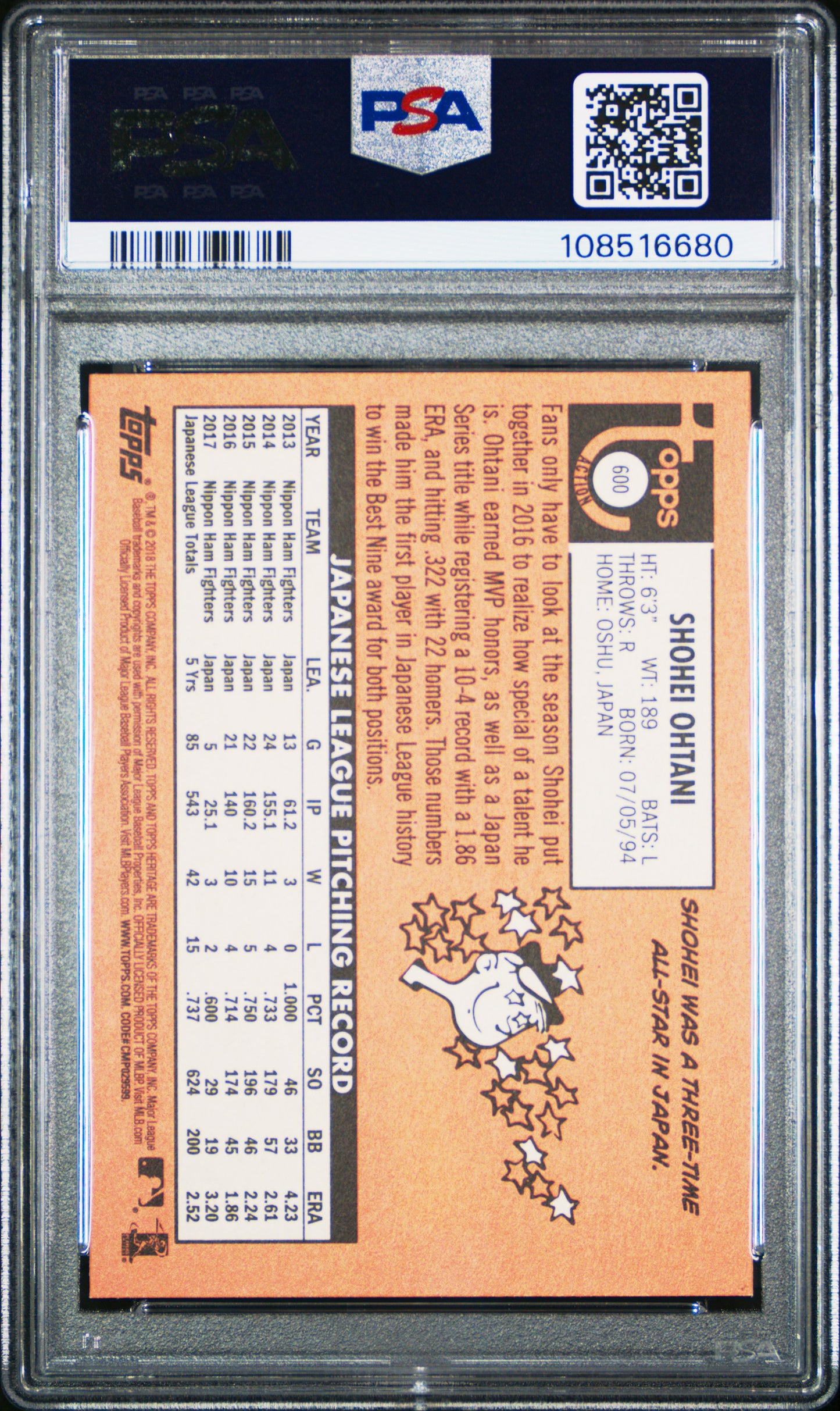 2018 Topps Heritage Shohei Ohtani #600 Action PSA 10