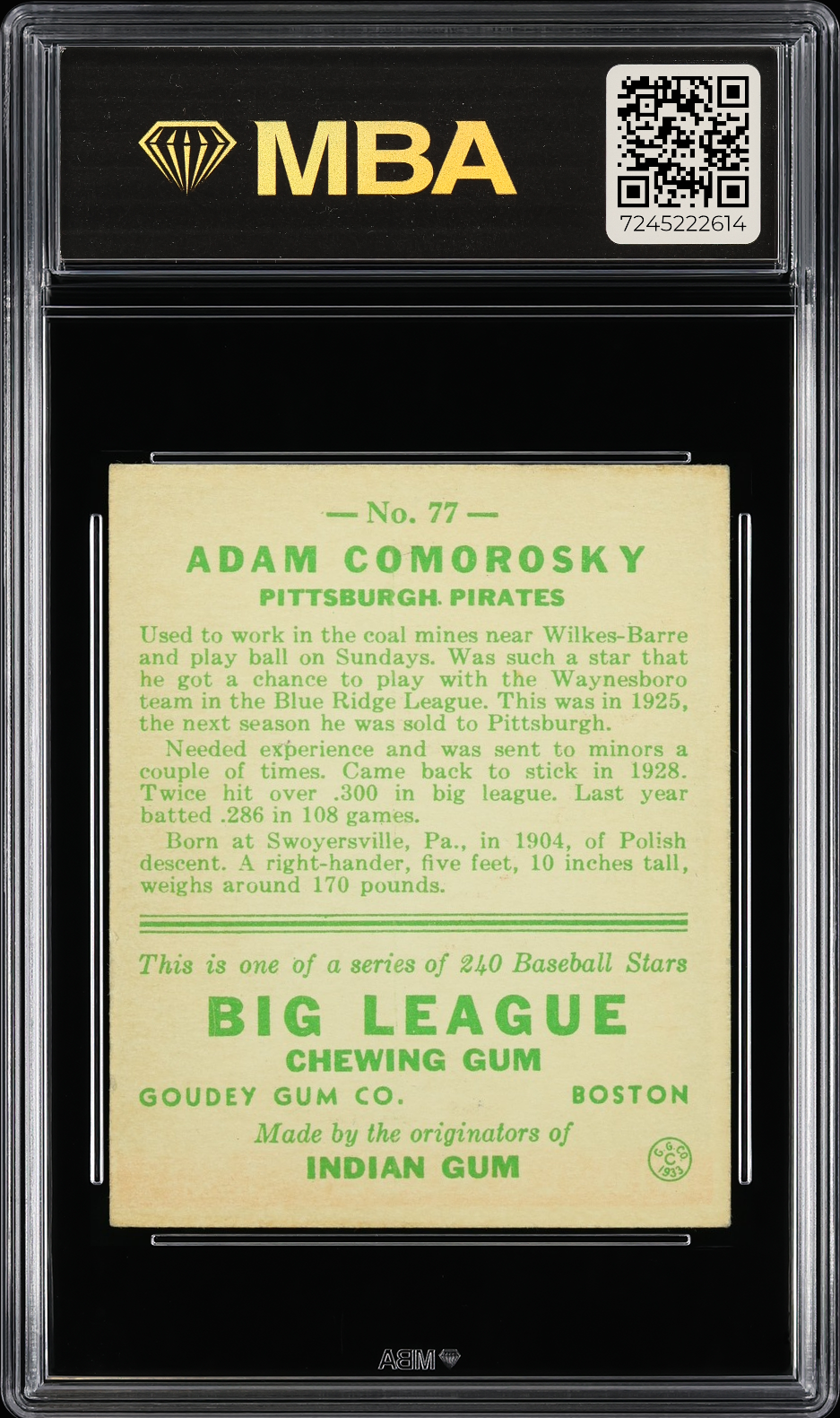 1933 Goudey Adam Comorosky #77 MBA 4