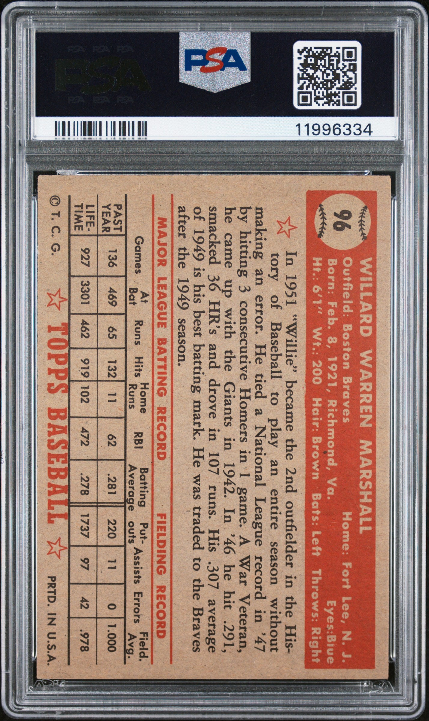 1952 Topps Willard Marshall #96 PSA 7
