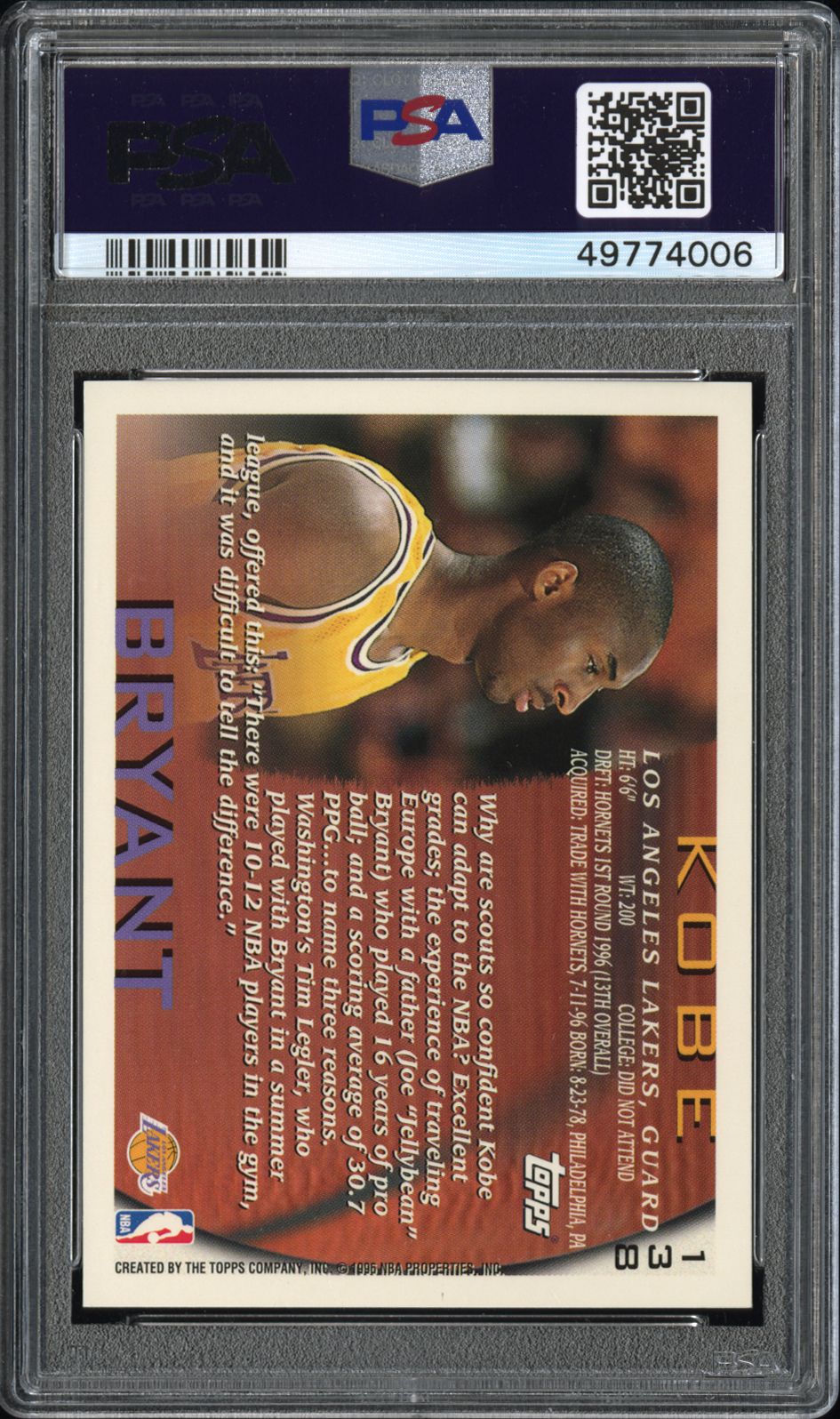 1996 Topps Kobe Bryant #138 PSA 10