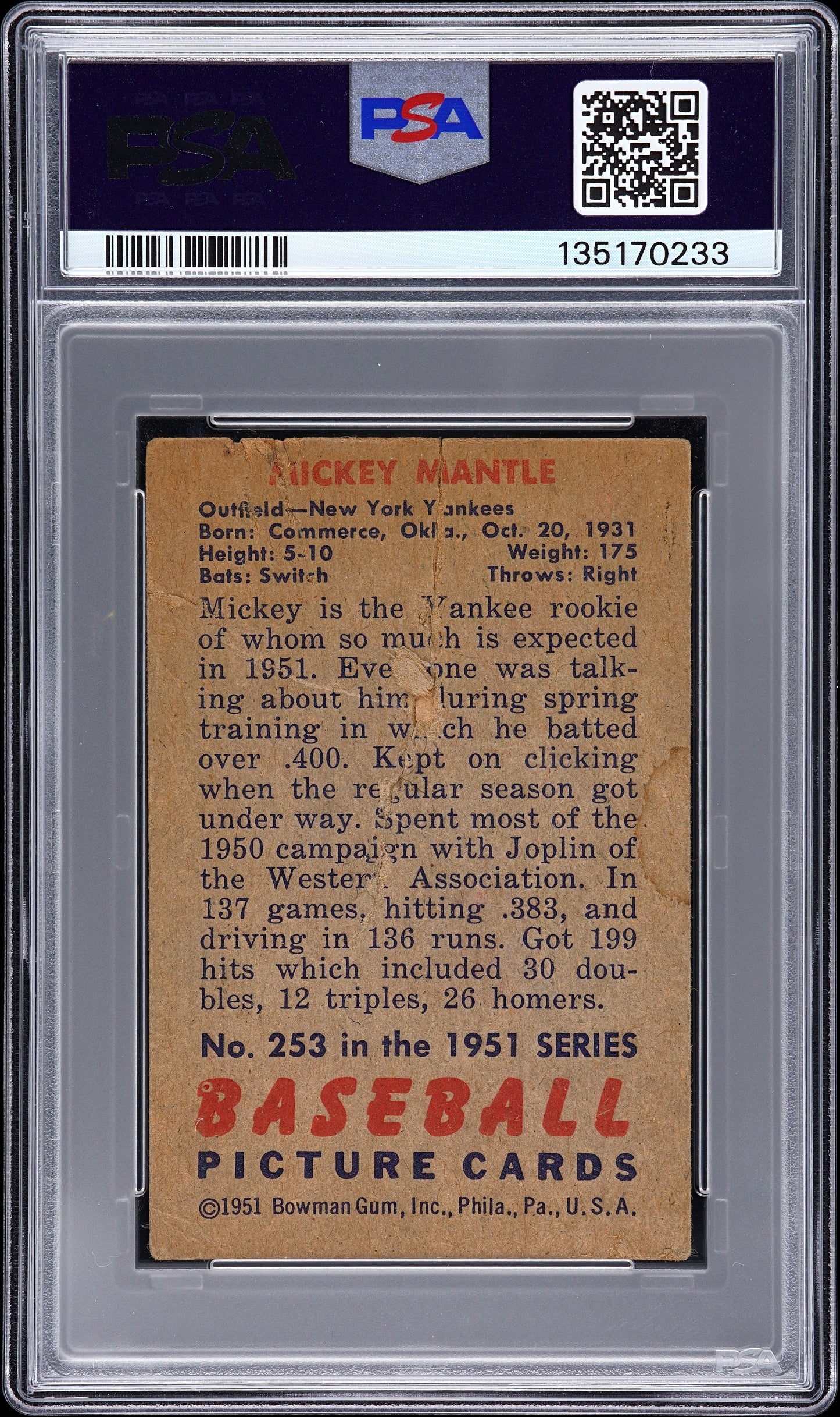 1951 Bowman Mickey Mantle #253 PSA 1