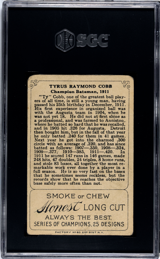 1912 Honest Long Cut Tobacco Series of Champions (T227) Ty Cobb SGC A
