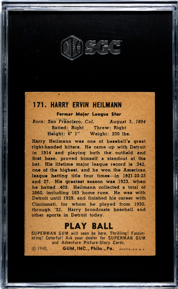 1940 Playball Harry Heilmann #171 SGC 3