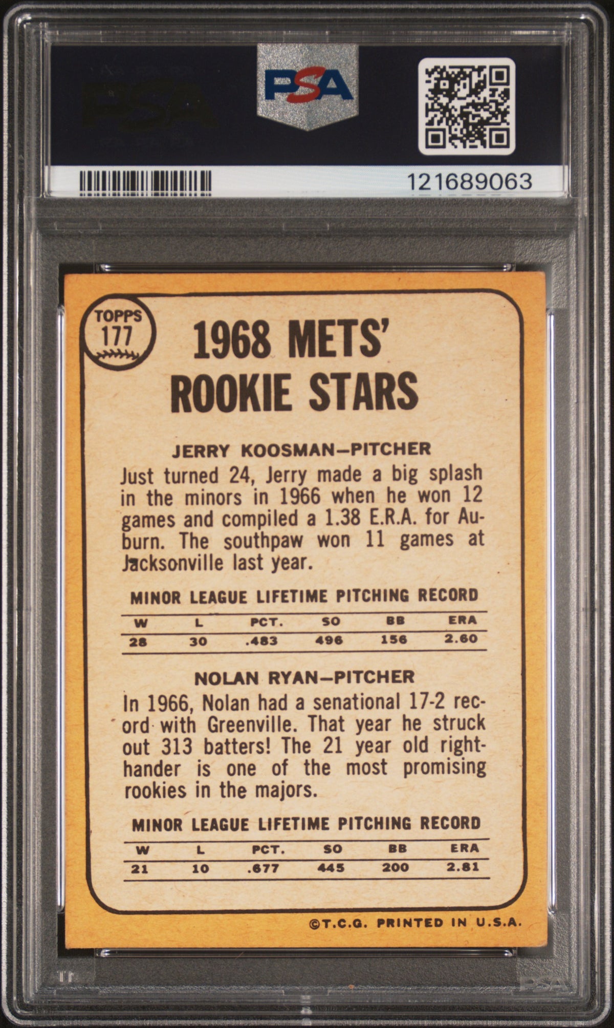 1968 Topps Mets Rookies #177 J. Koosman N. Ryan PSA 4