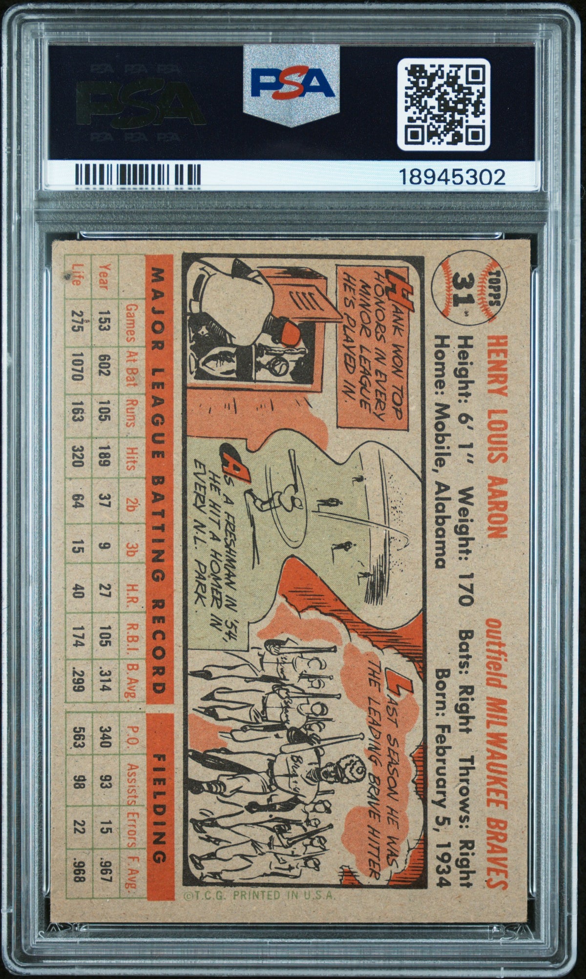 1956 Topps Hank Aaron #31 Gray Back PSA 7