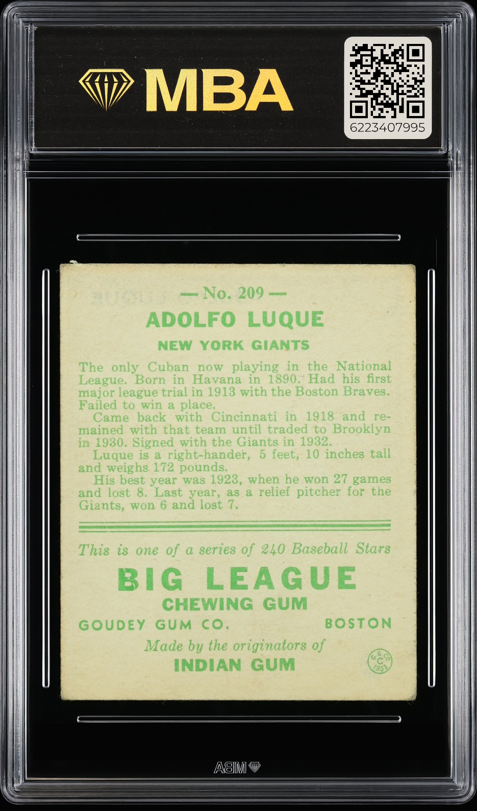 1933 Goudey Adolfo Luque #209 MBA 3