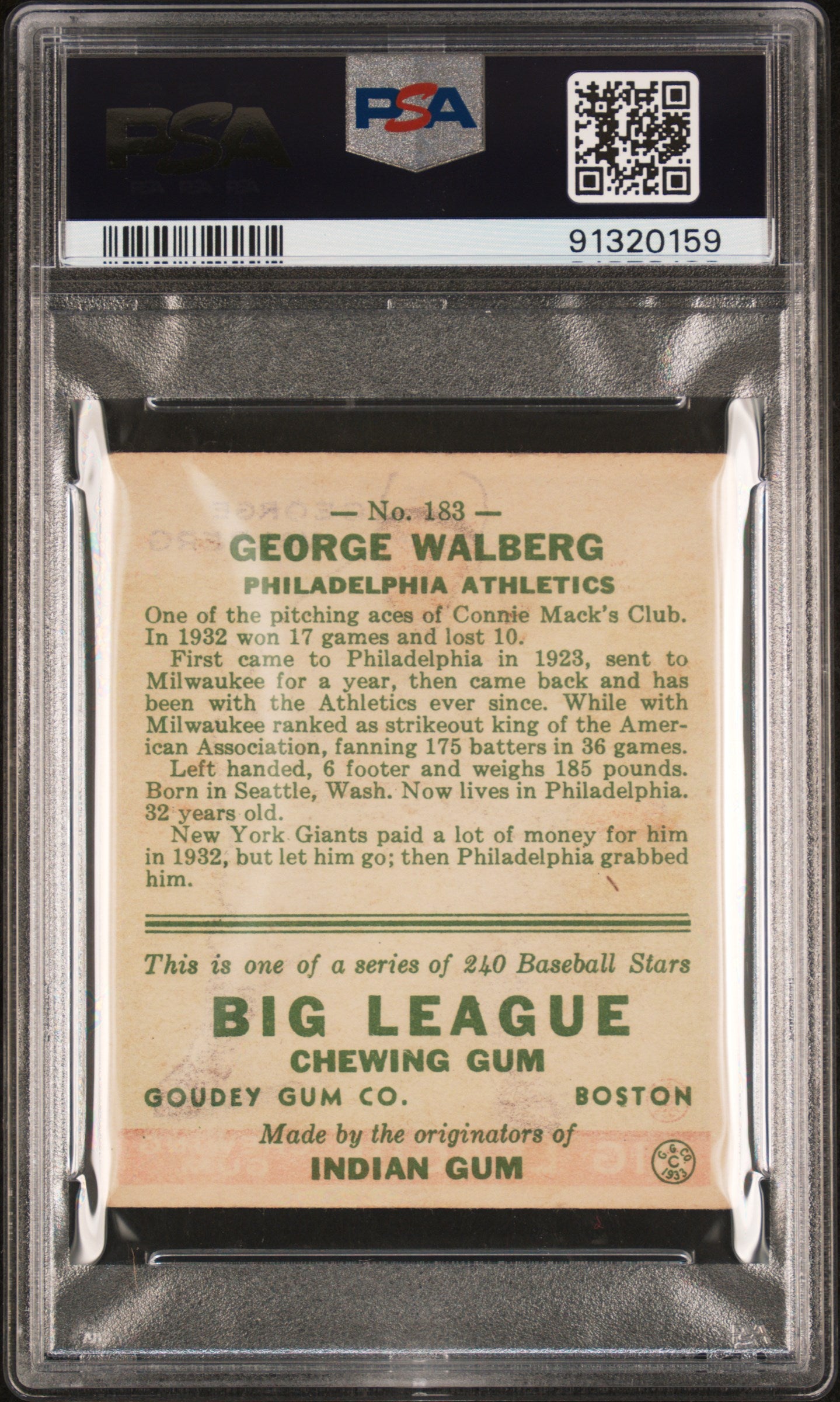 1933 Goudey George Walberg #183 PSA 3