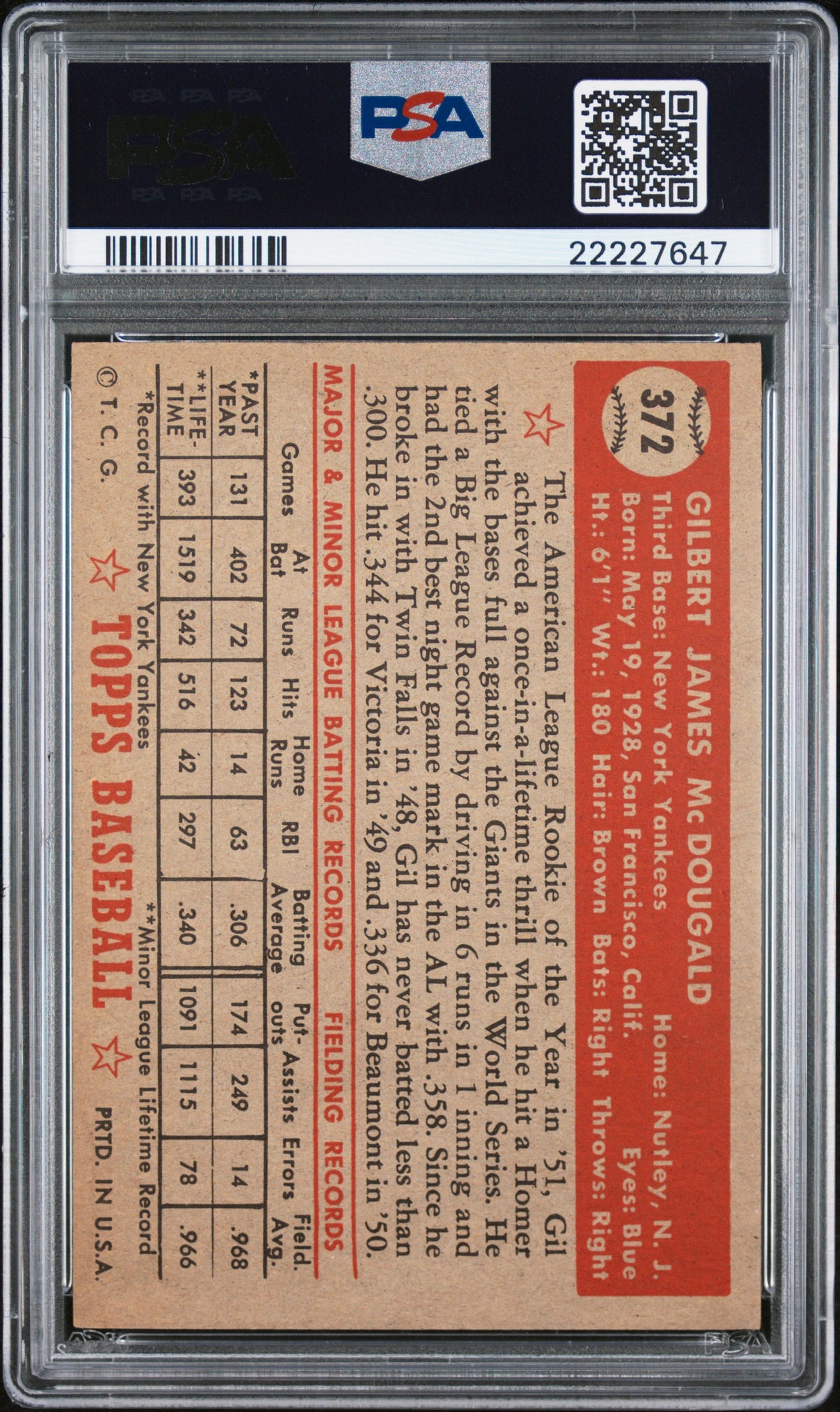 1952 Topps Gil Mcdougald #372 PSA 7