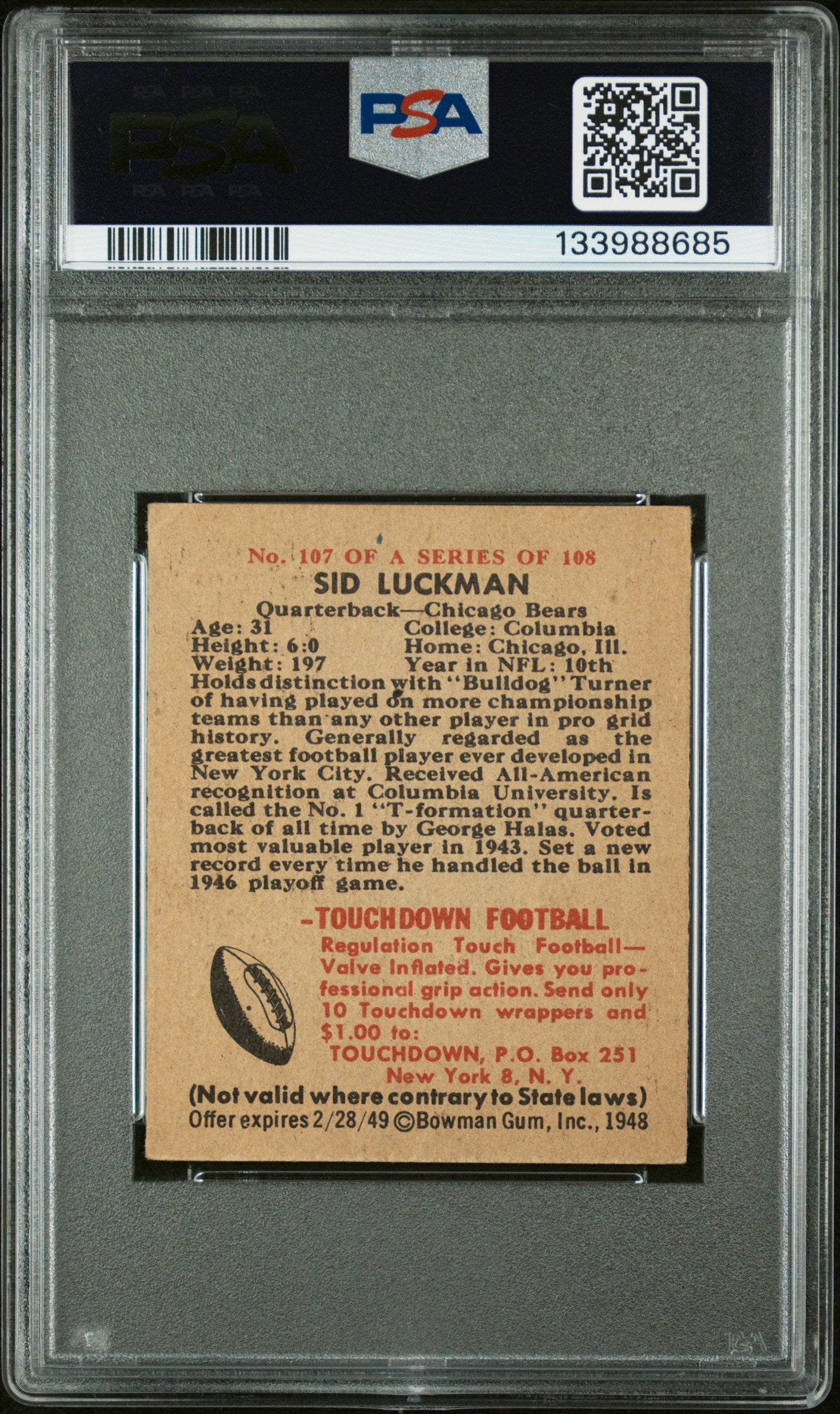 1948 Bowman Sid Luckman #107 PSA 5