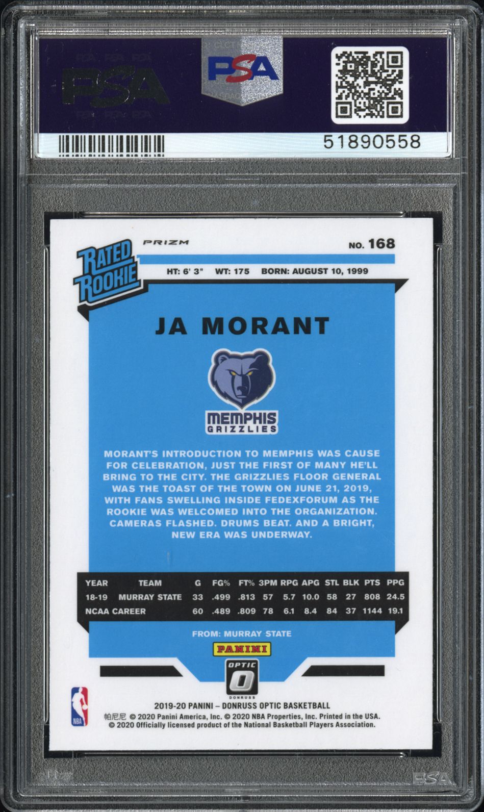 2019 Panini Donruss Optic Ja Morant #168 Red Wave PSA 9