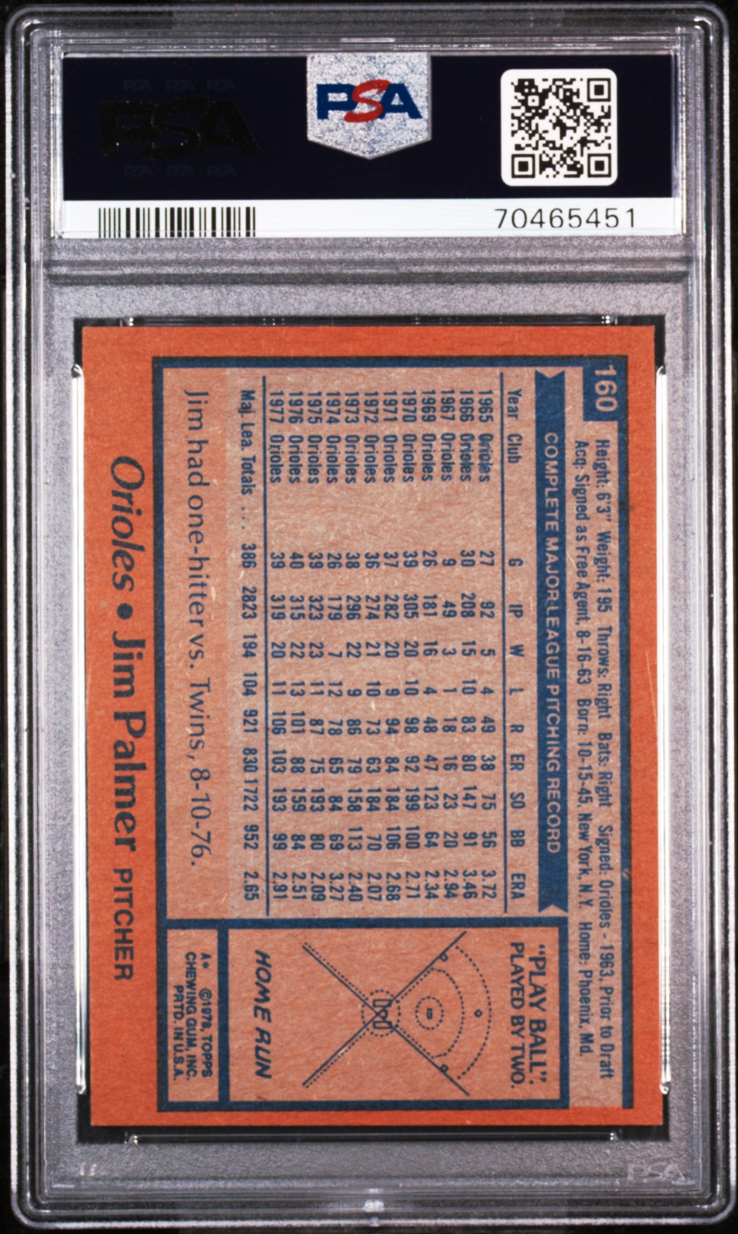 1978 Topps Jim Palmer #160 PSA 9
