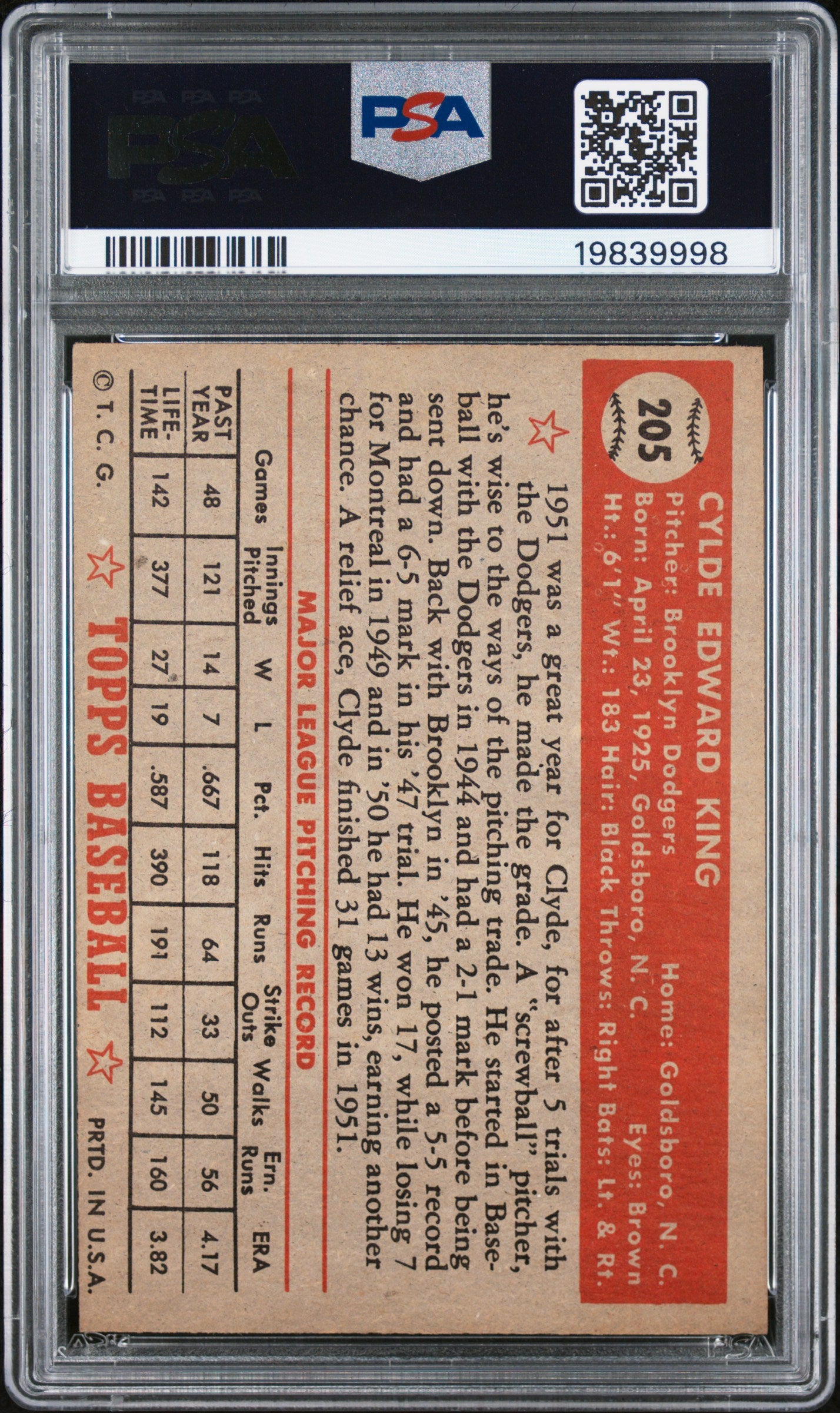1952 Topps Clyde King #205 PSA 7
