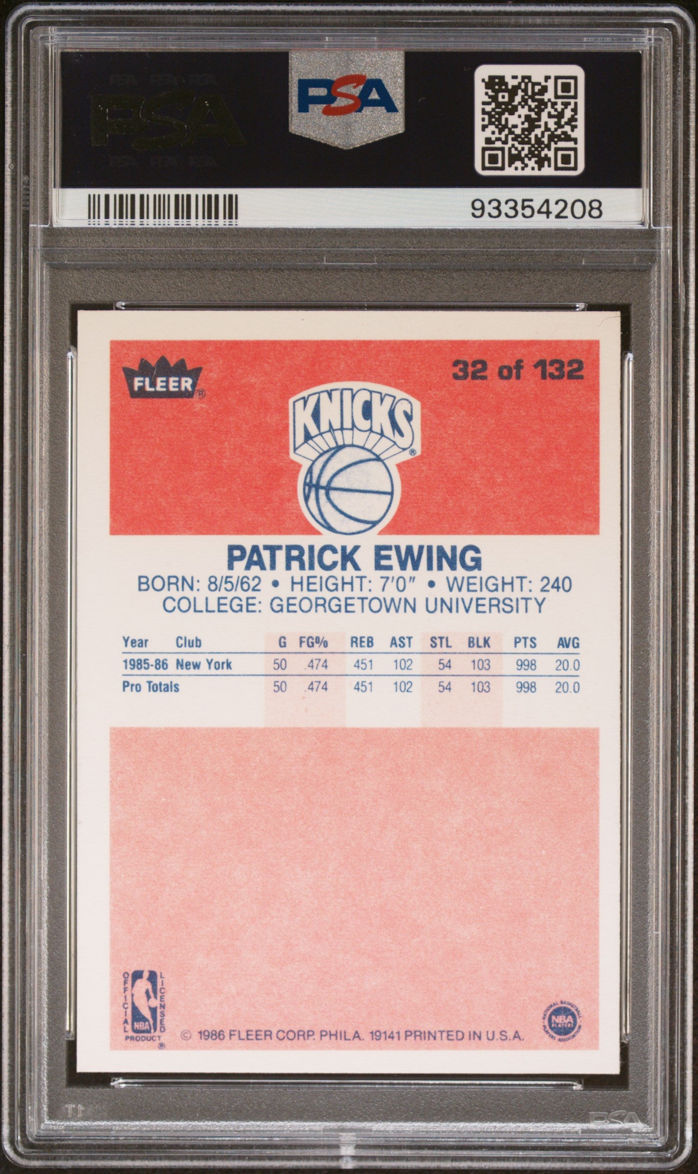 1986 Fleer Patrick Ewing #32 PSA 9