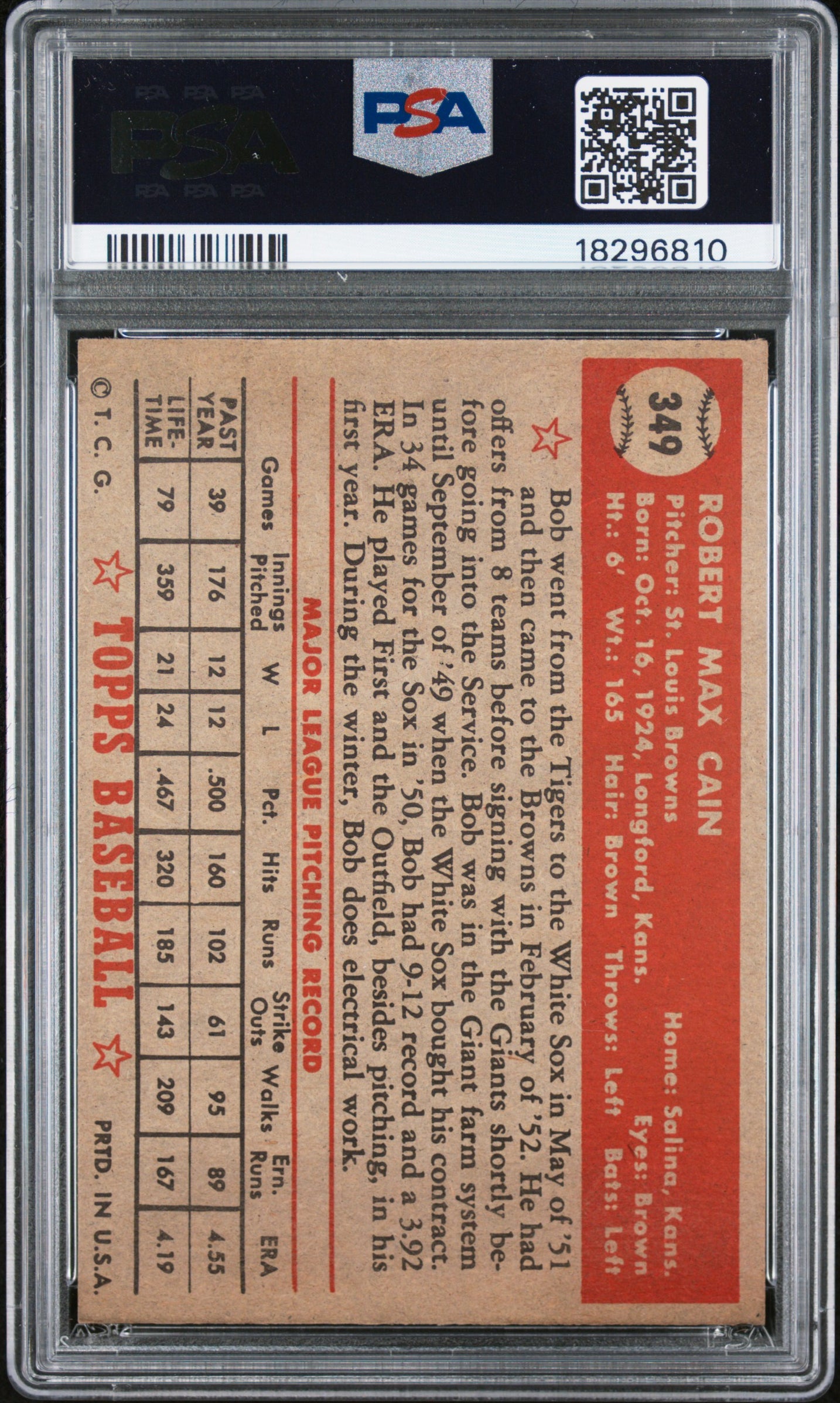 1952 Topps Bob Cain #349 PSA 7