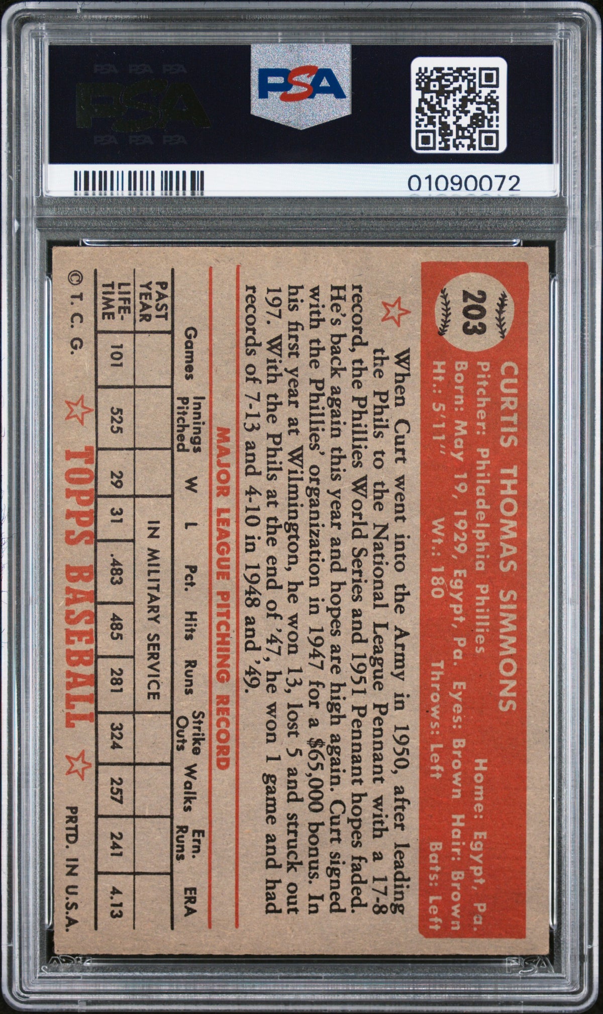1952 Topps Curt Simmons #203 PSA 7