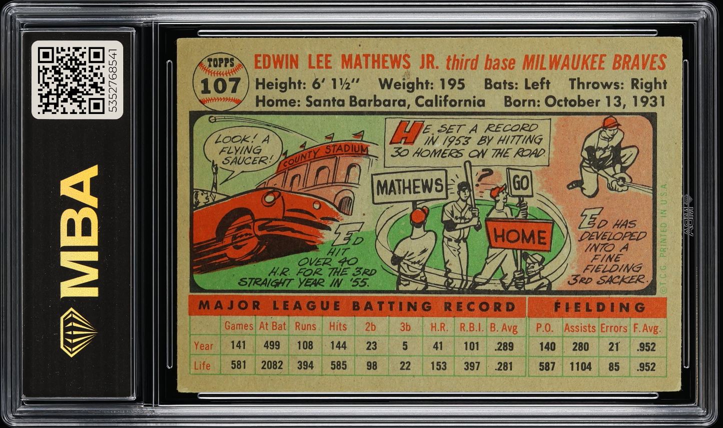 1956 Topps Ed Mathews #107 Gray Back MBA 4