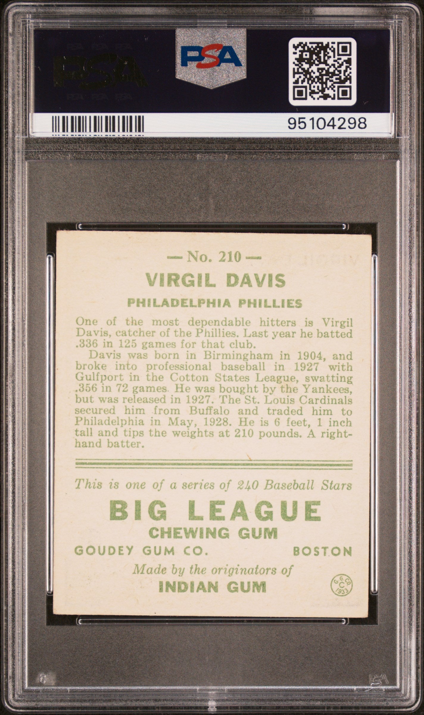 1933 Goudey Virgil Davis #210 PSA 4
