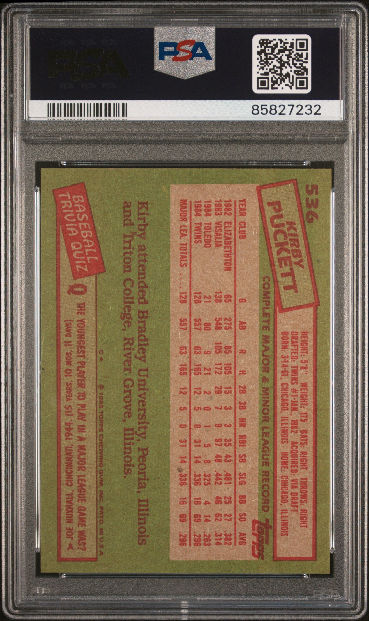 1985 Topps Kirby Puckett #536 PSA 10