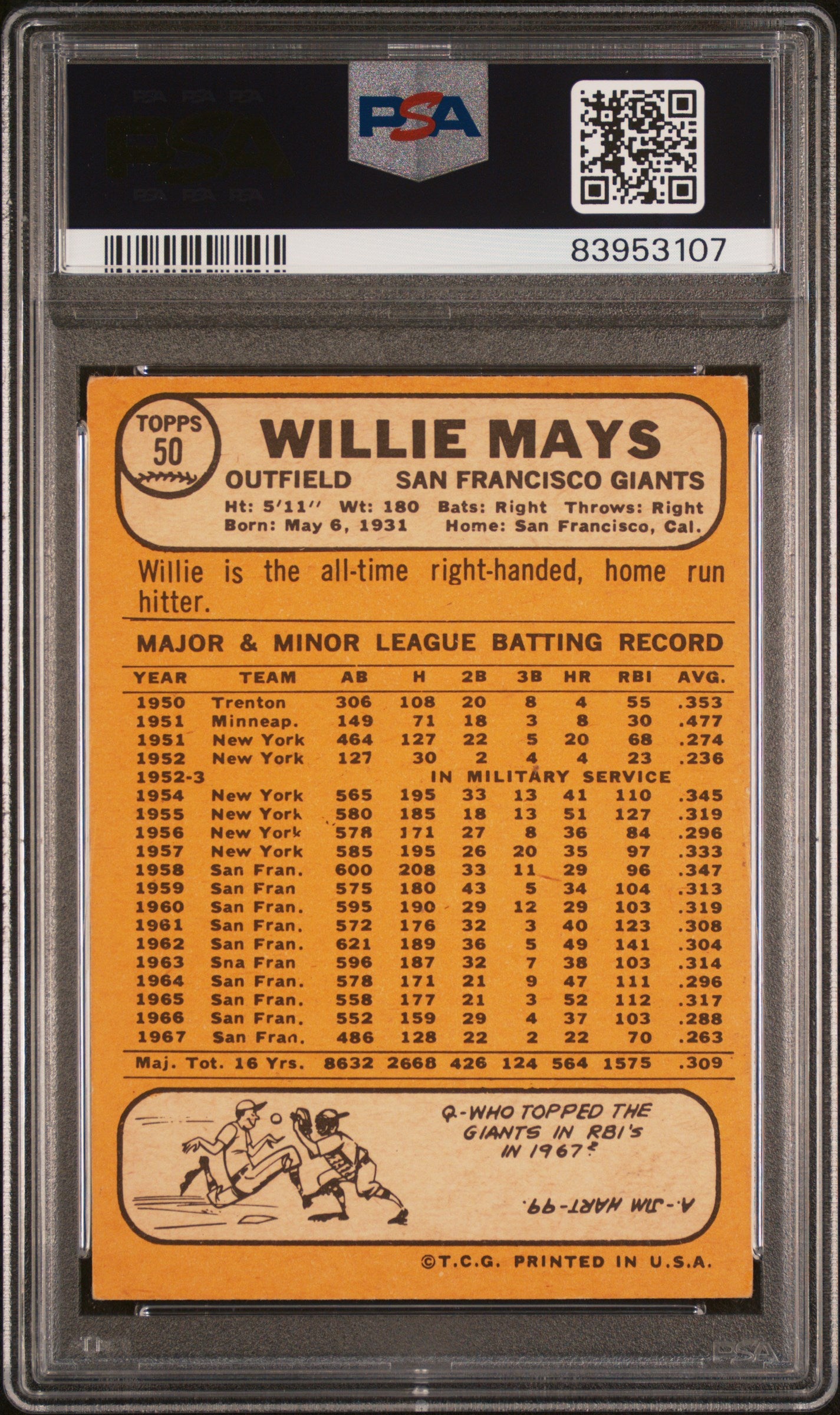 1968 Topps Willie Mays #50 PSA 4