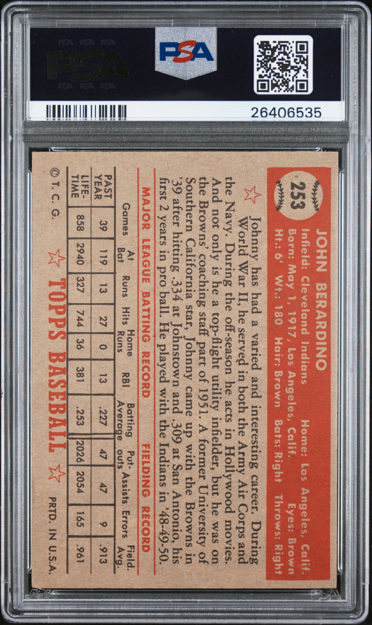 1952 Topps Johnny Berardino #253 PSA 7