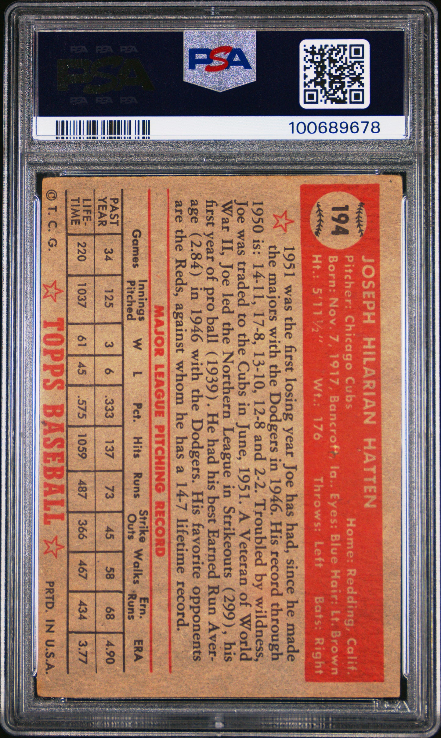 1952 Topps Joe Hatten #194 PSA 4