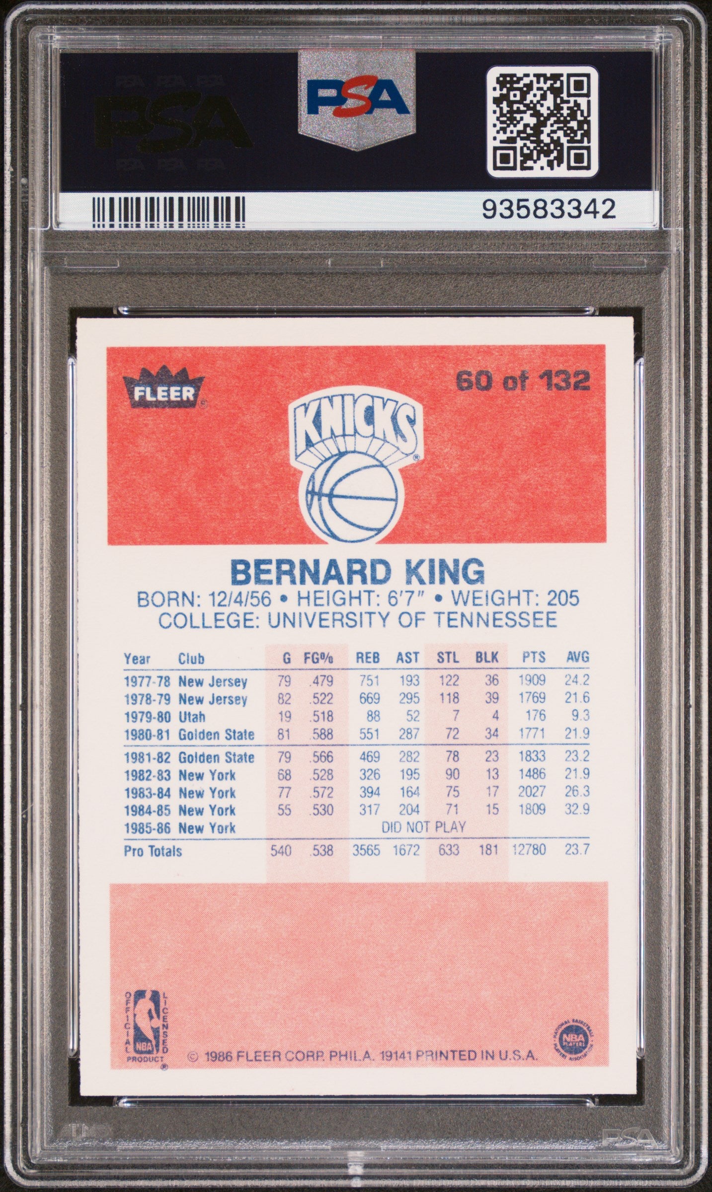 1986 Fleer Bernard King #60 PSA 9
