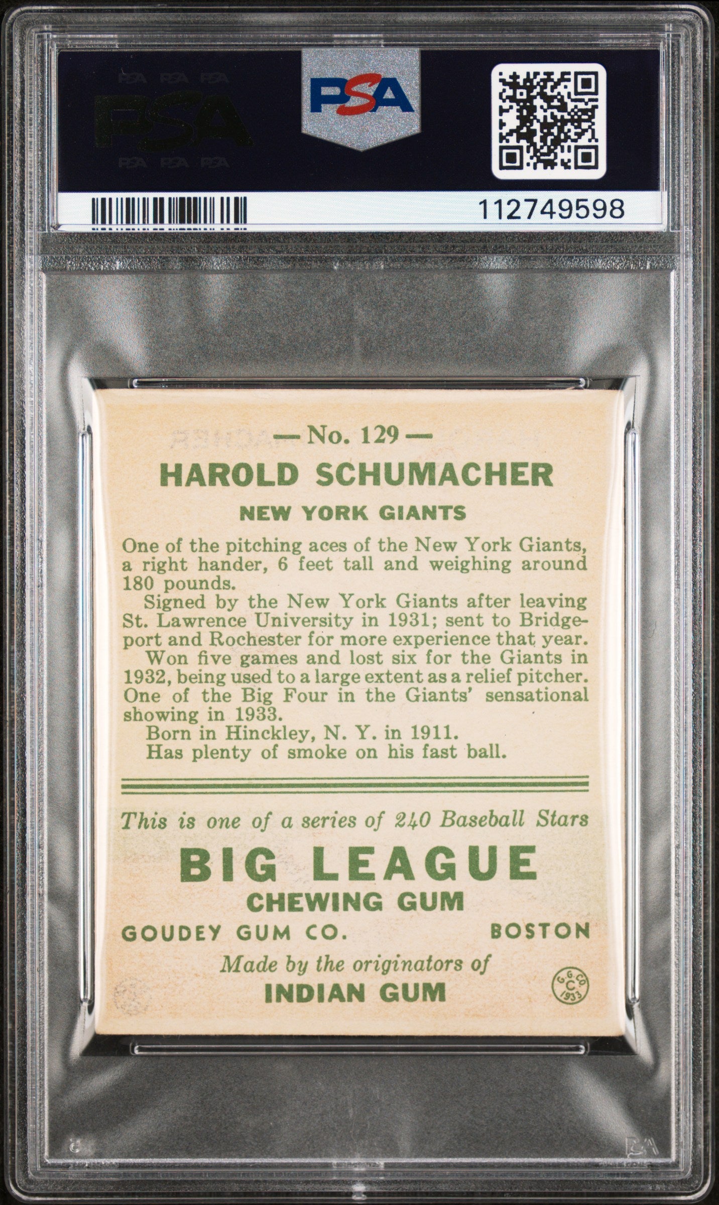 1933 Goudey Harold Schumacher #129 PSA 4