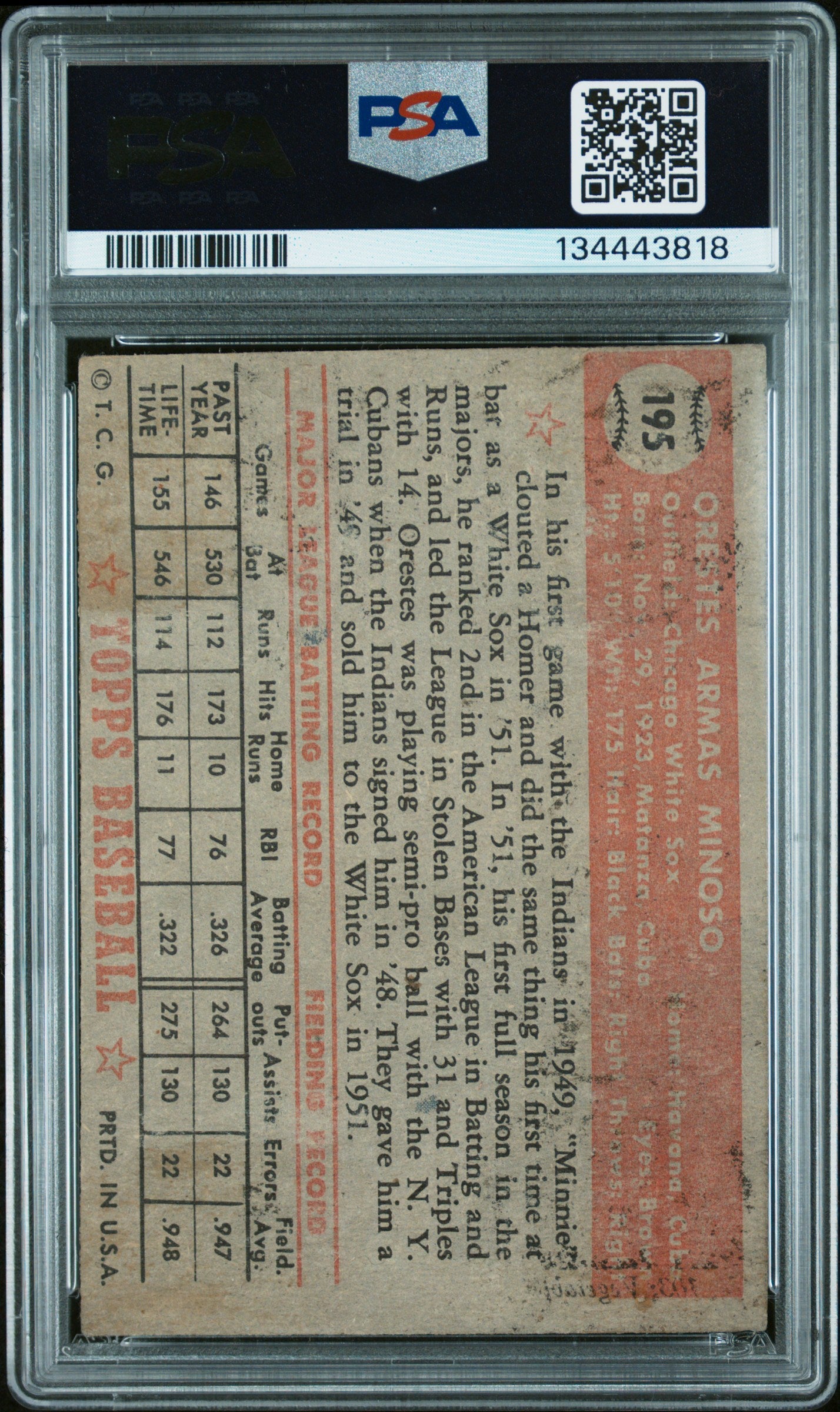 1952 Topps Orestes Minoso #195 PSA 2