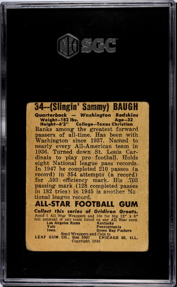 1948 Leaf Gum Co. Sammy Baugh #34 SGC 2