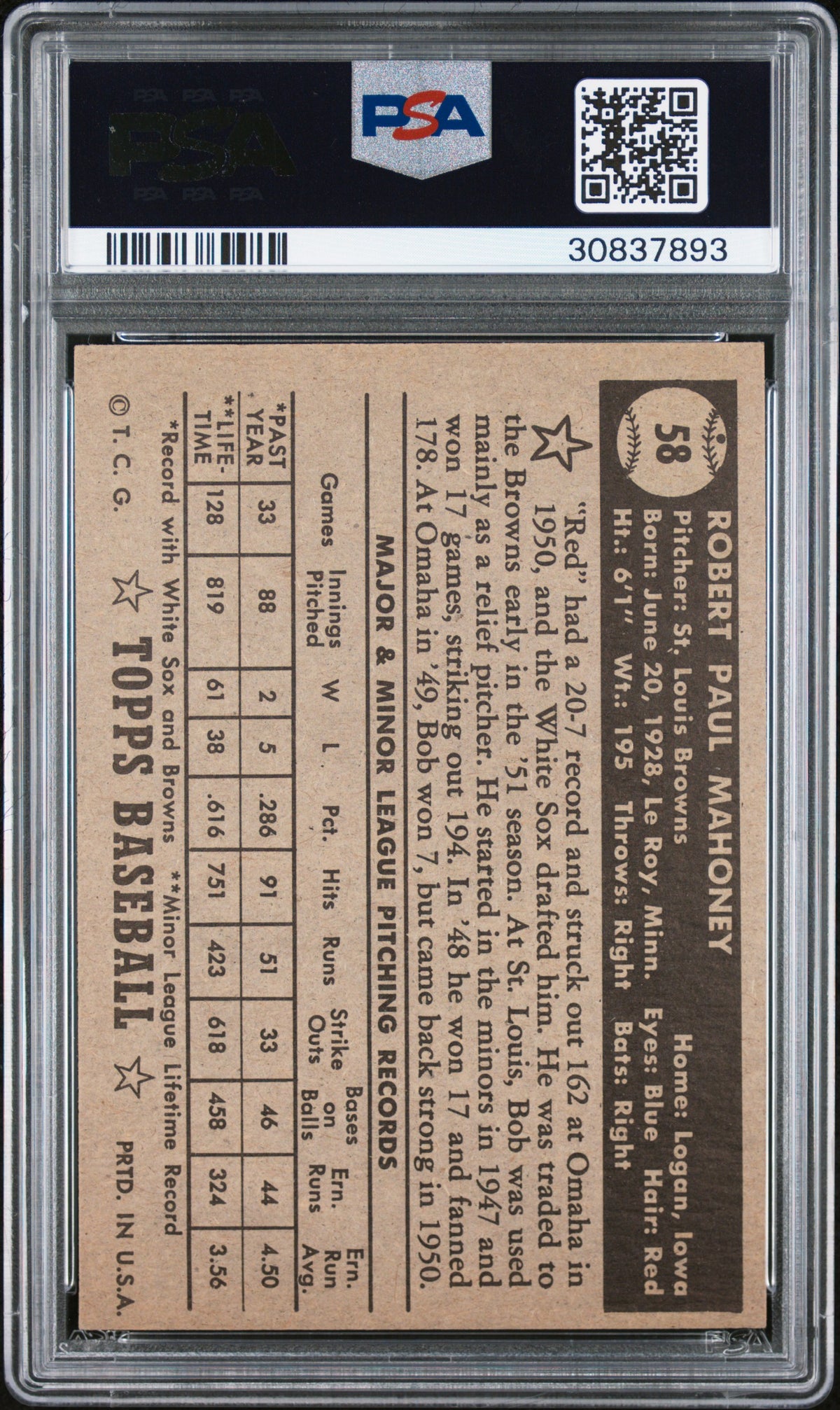 1952 Topps Bob Mahoney #58 Black Back PSA 7