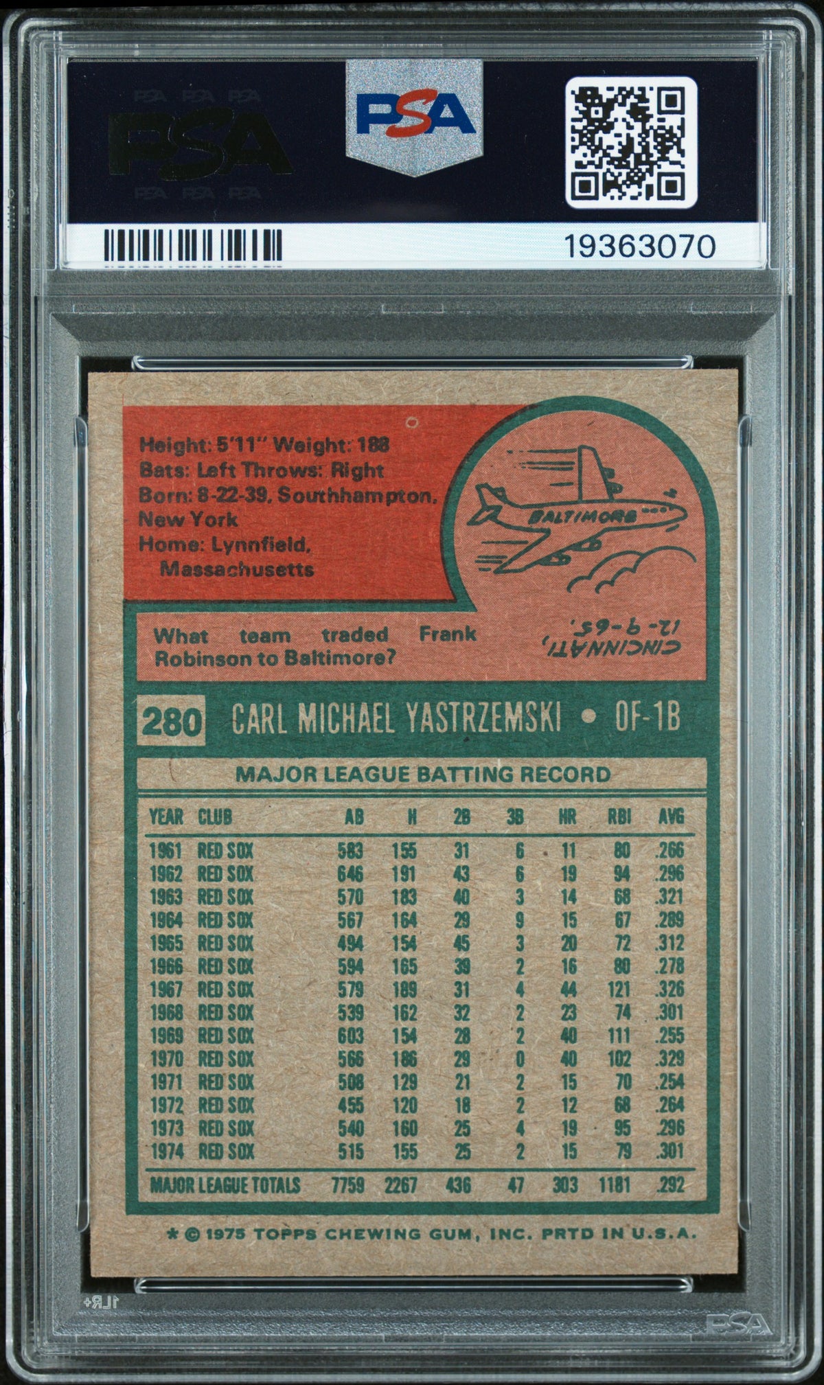 1975 Topps Carl Yastrzemski #280 PSA 9