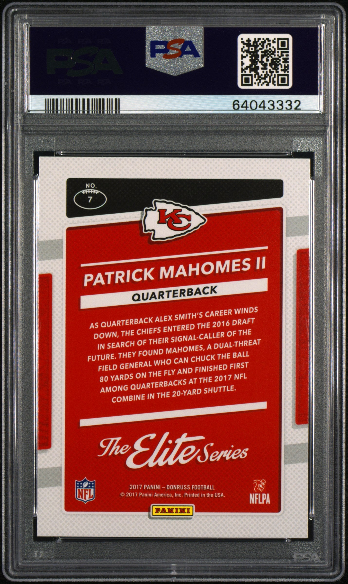 2017 Panini Donruss The Elite Series Rookie Patrick Mahomes II #7 PSA 9