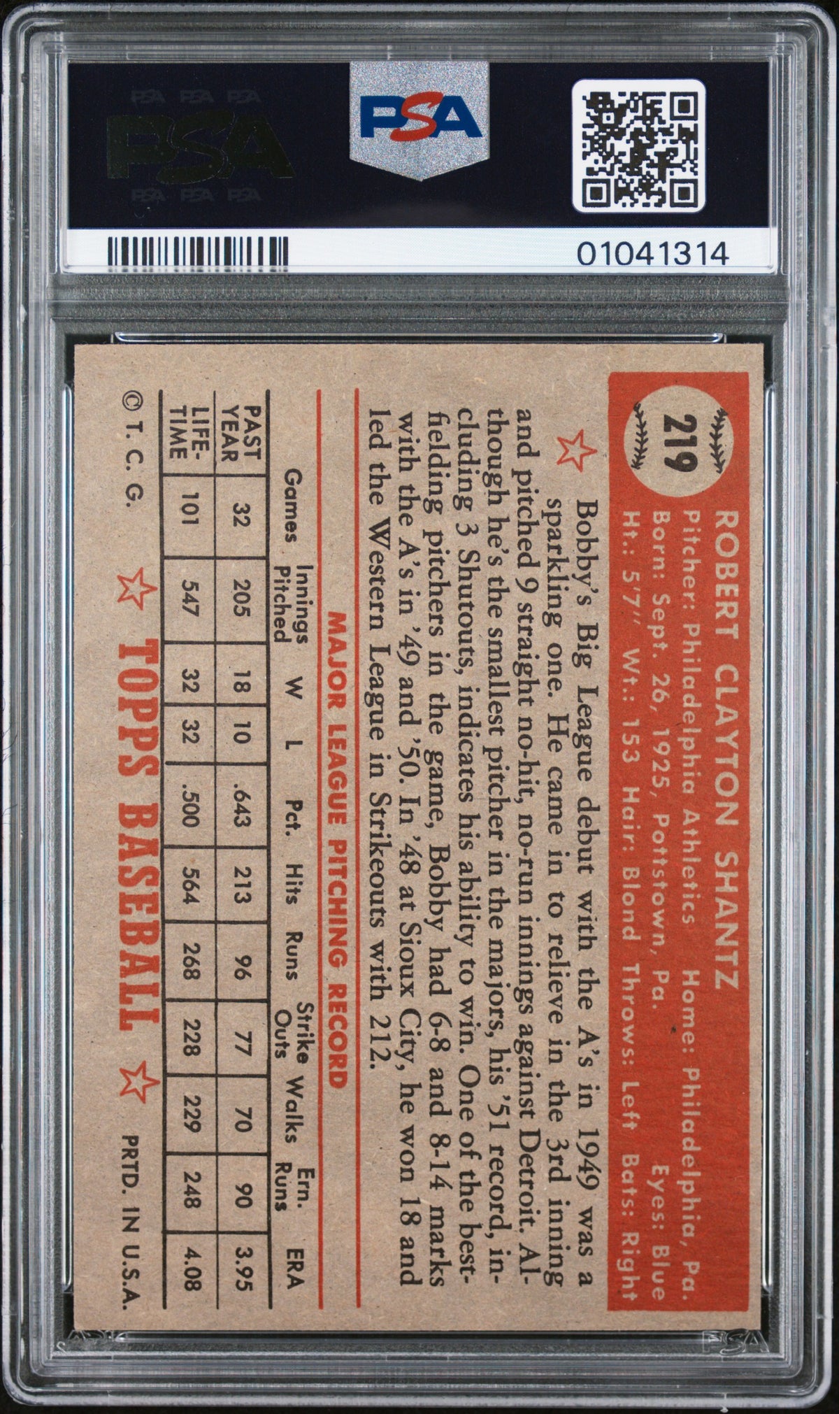 1952 Topps Bobby Shantz #219 PSA 7