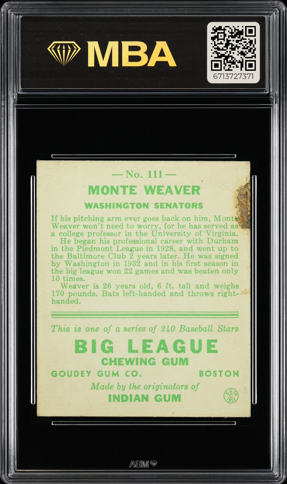 1933 Goudey Monte Weaver #111 MBA 2