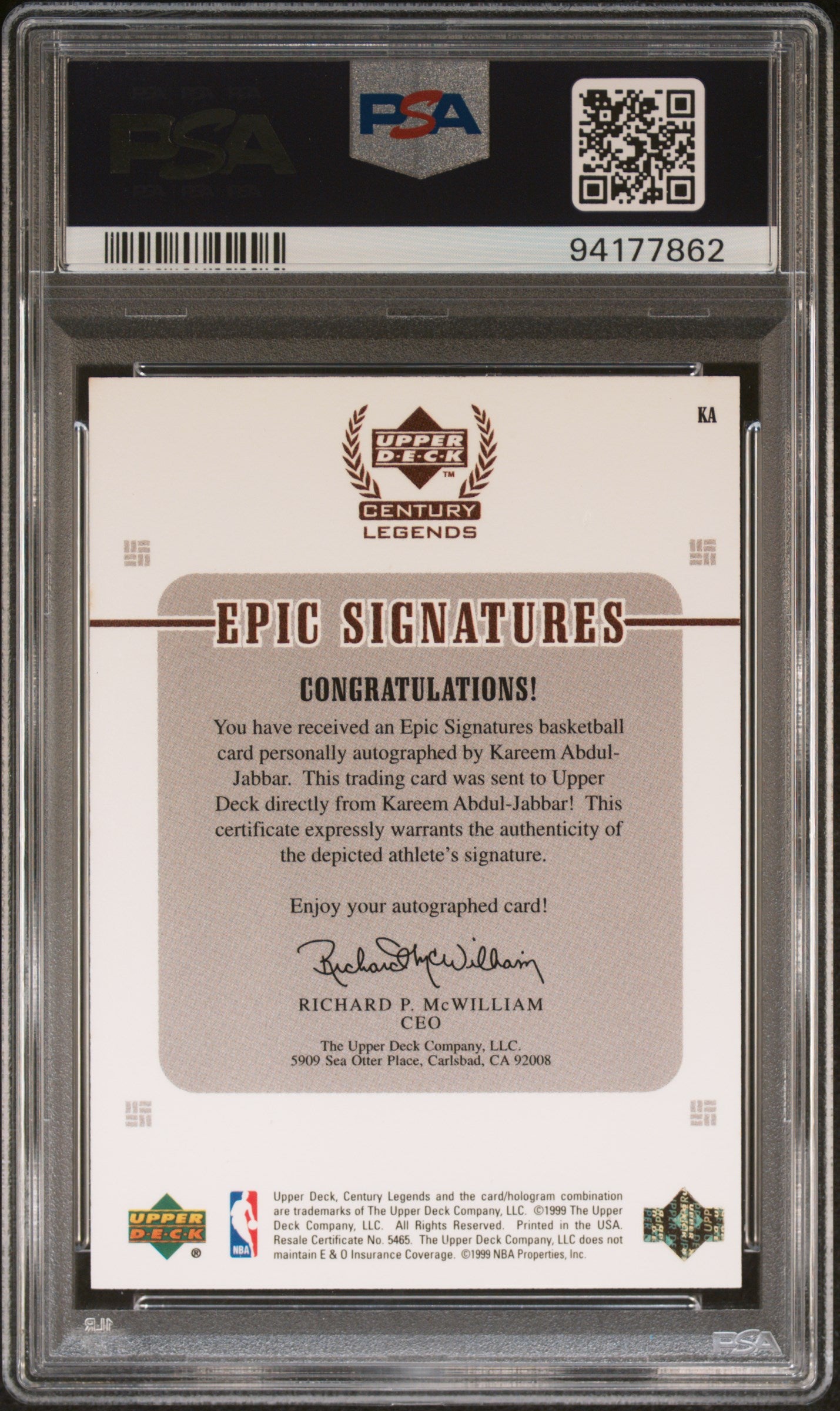 1999 Upper Deck Century Legends Epic Signatures Kareem Abdul-Jabbar #KA PSA 7