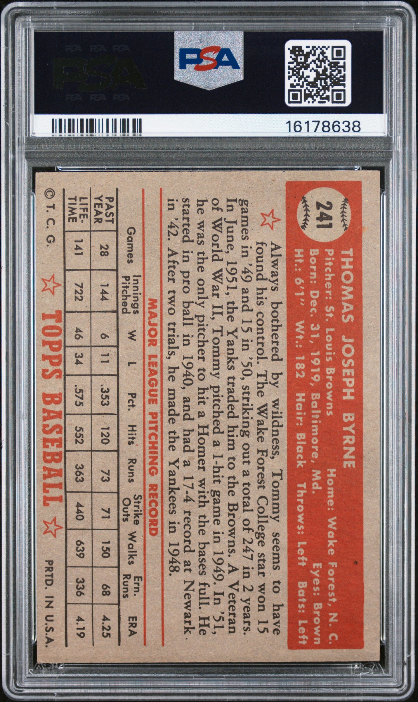 1952 Topps Tommy Byrne #241 PSA 7