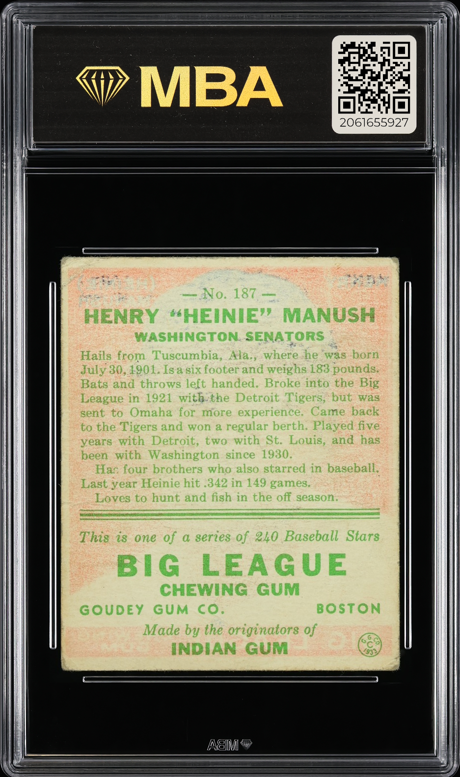 1933 Goudey Heinie Manush #187 MBA 2