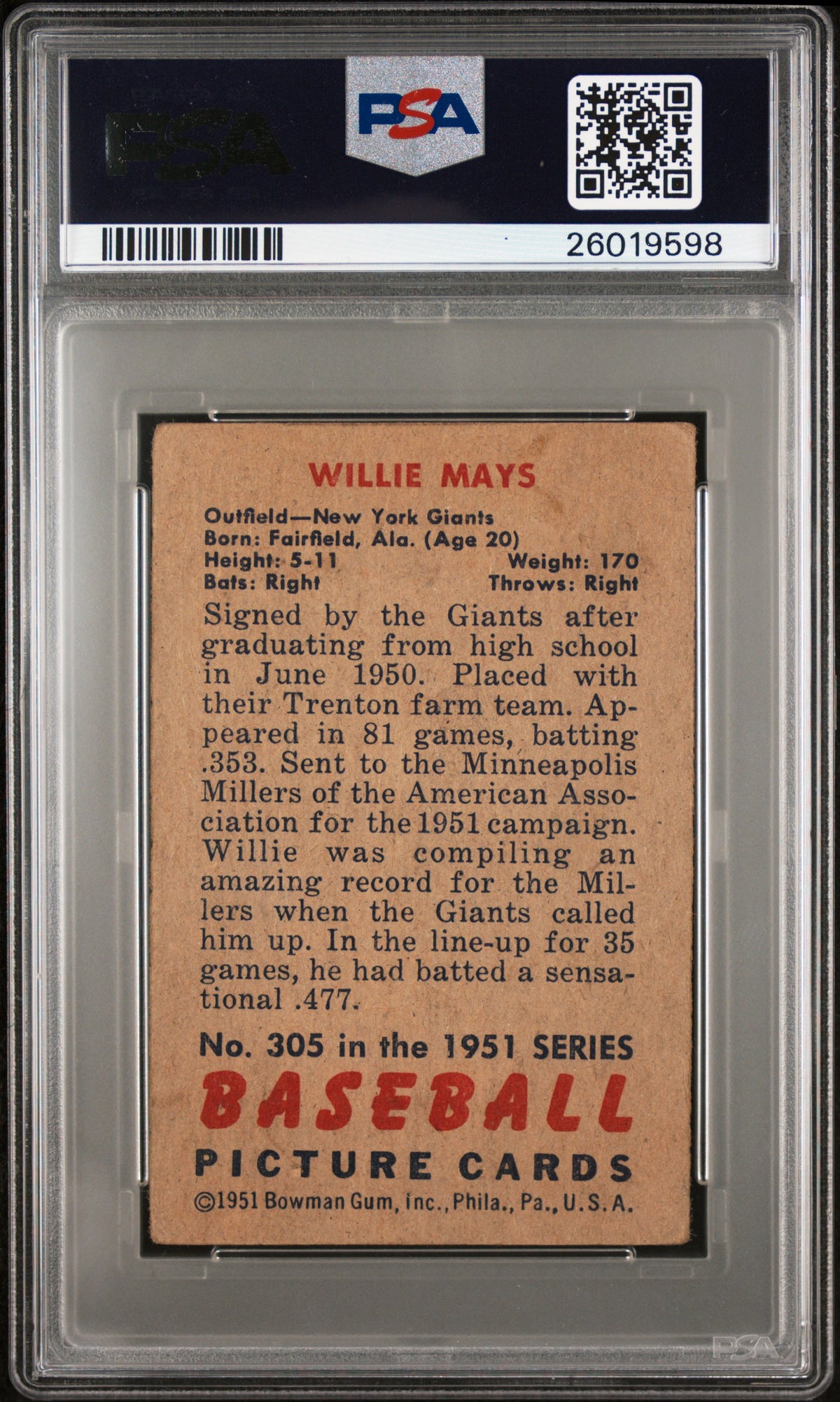 1951 Bowman Willie Mays #305 PSA 3