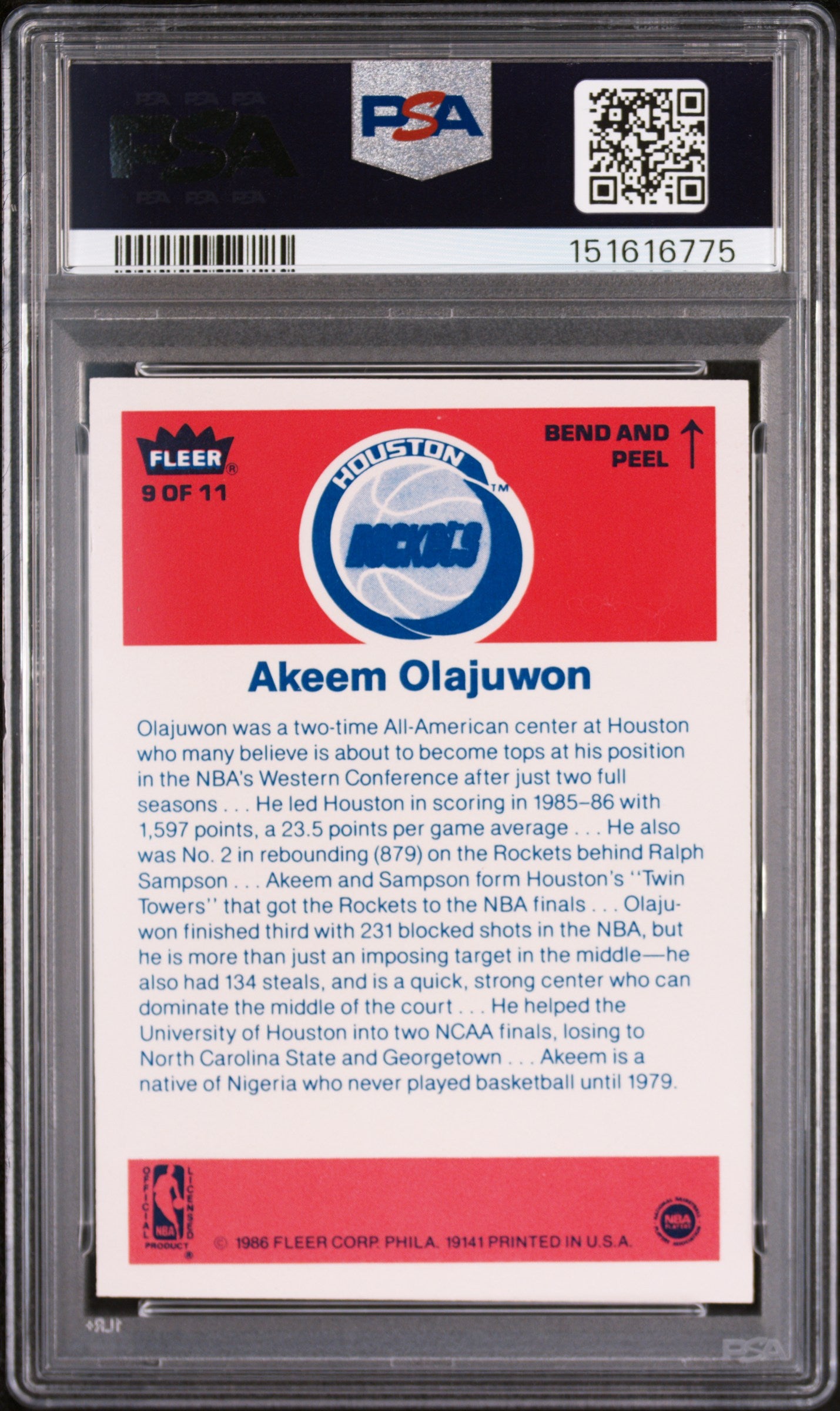 1986 Fleer Sticker Akeem Olajuwon #9 PSA 9