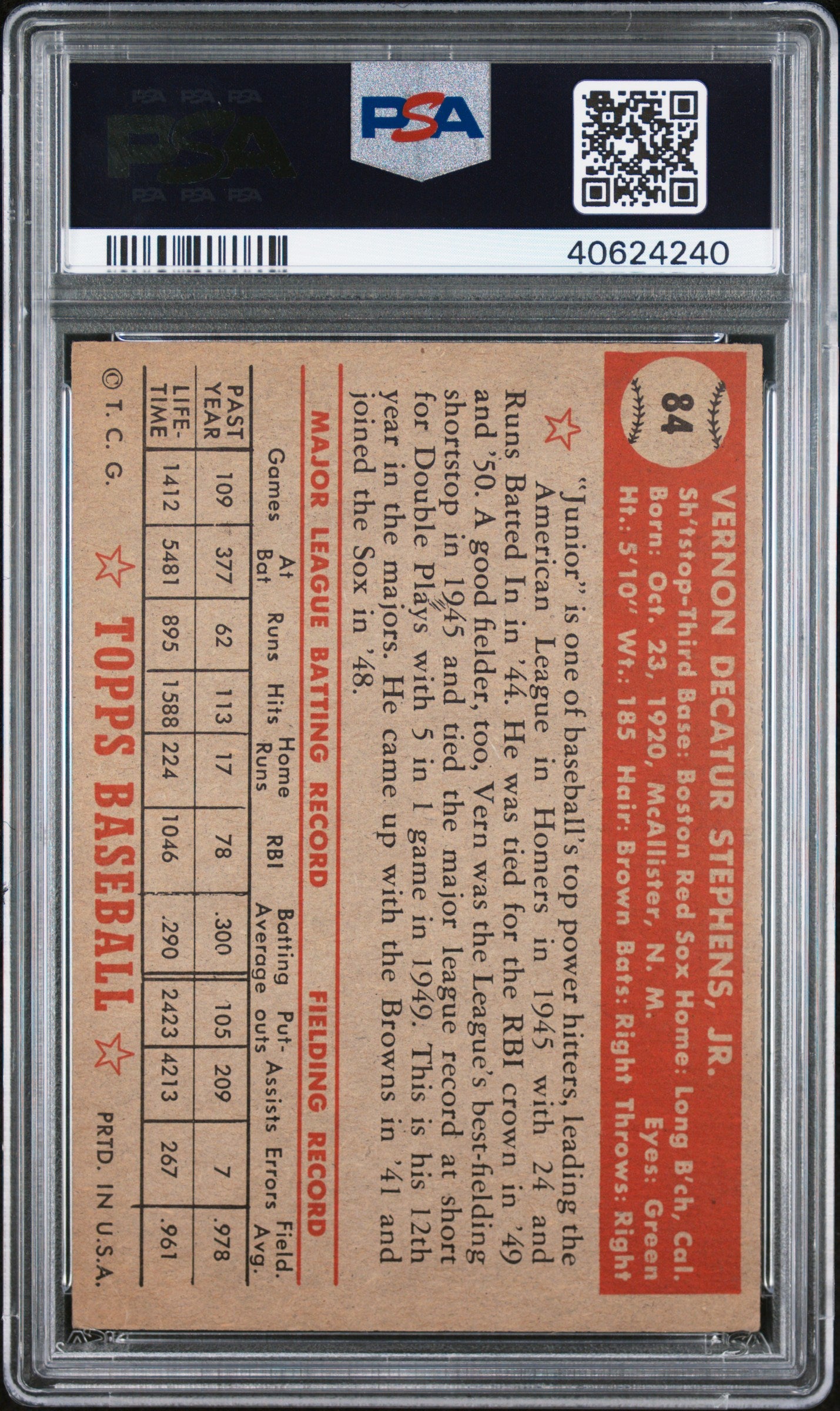 1952 Topps Vern Stephens #84 PSA 7