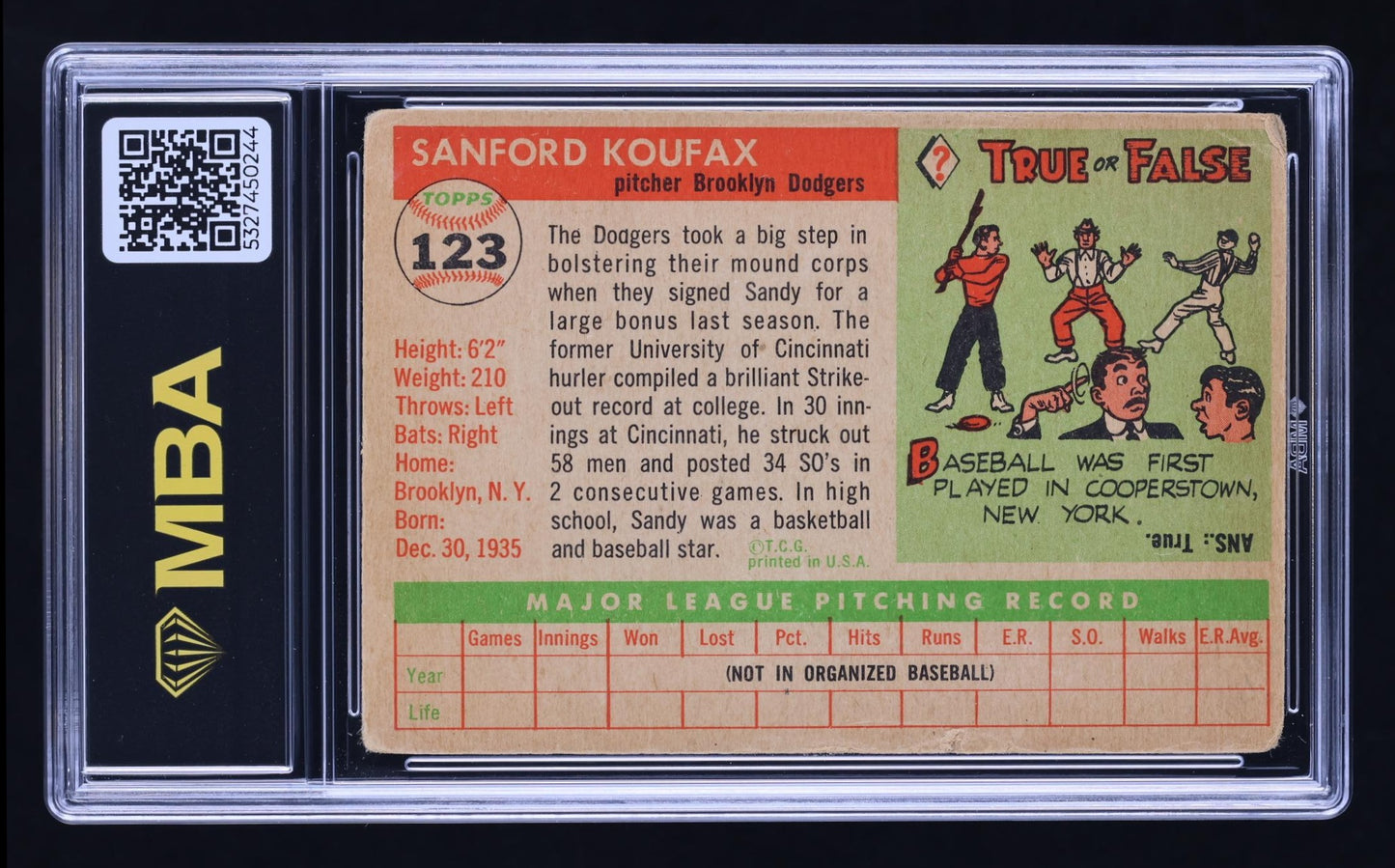 1955 Topps Sandy Koufax #123 RC MBA 2