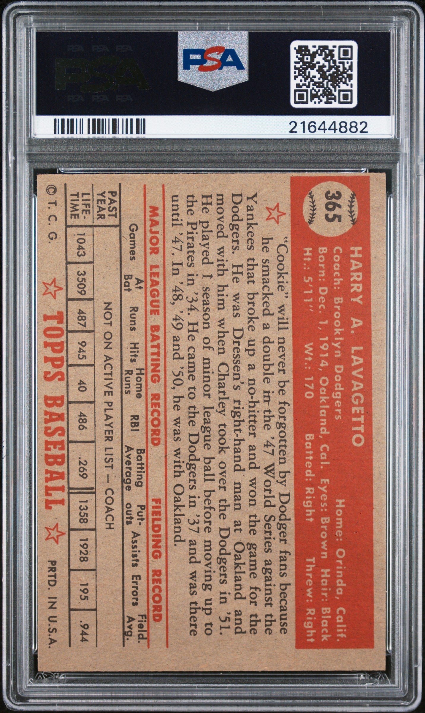 1952 Topps Cookie Lavagetto #365 PSA 8