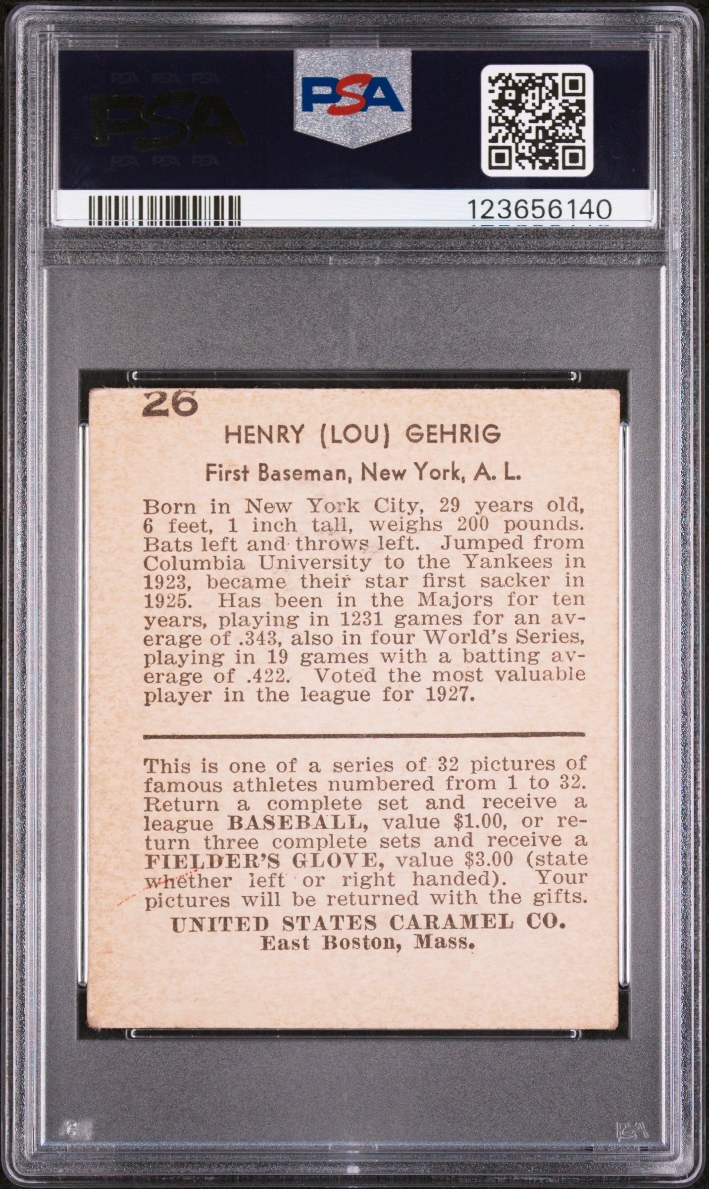 1932 U.S. Caramel Lou Gehrig #26 Baseball PSA 2
