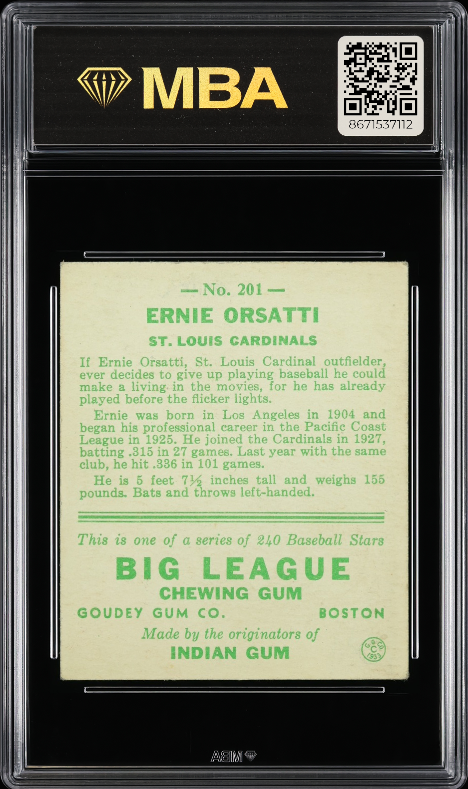1933 Goudey Ernie Orsatti #201 MBA 4
