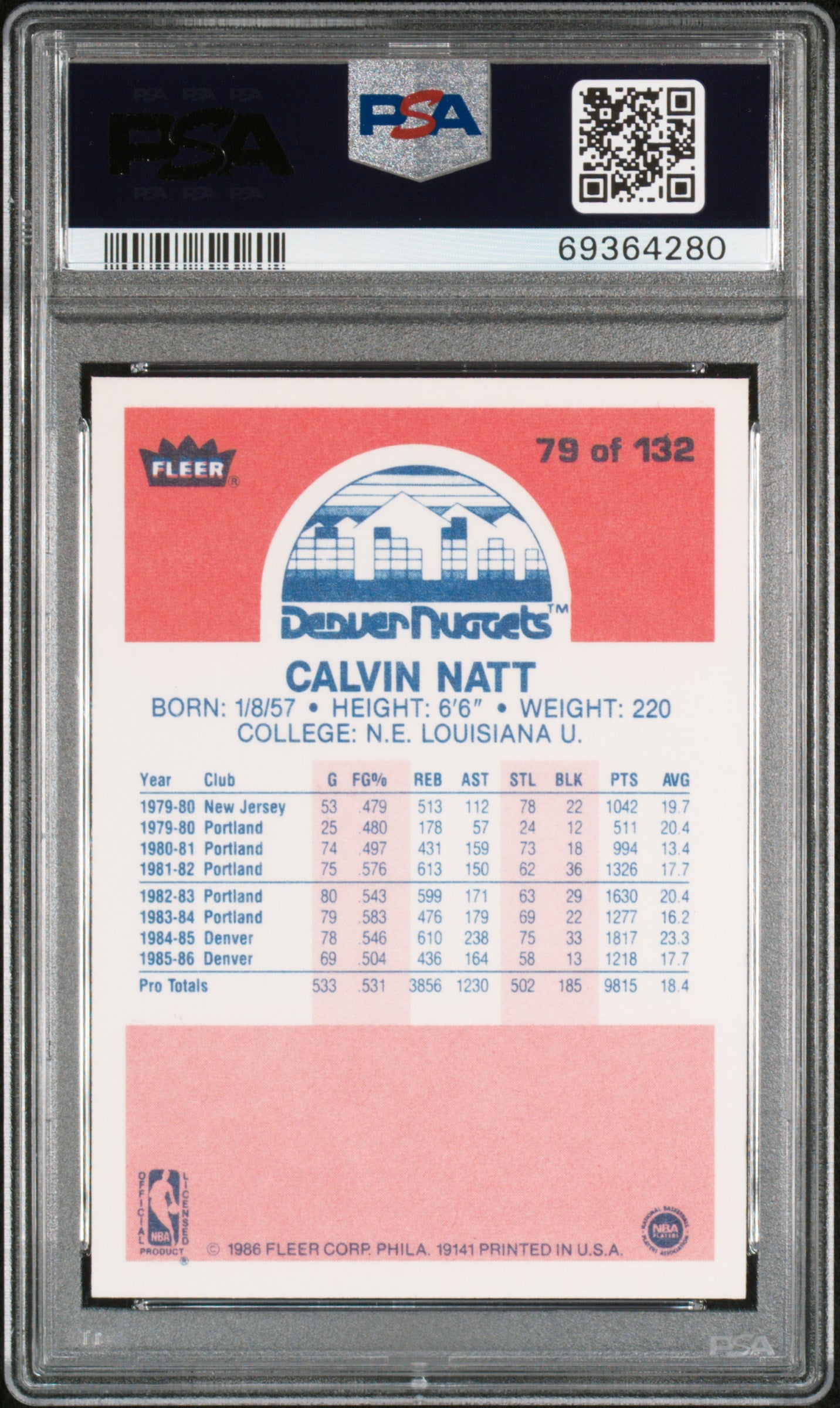 1986 Fleer Calvin Natt #79 PSA 9