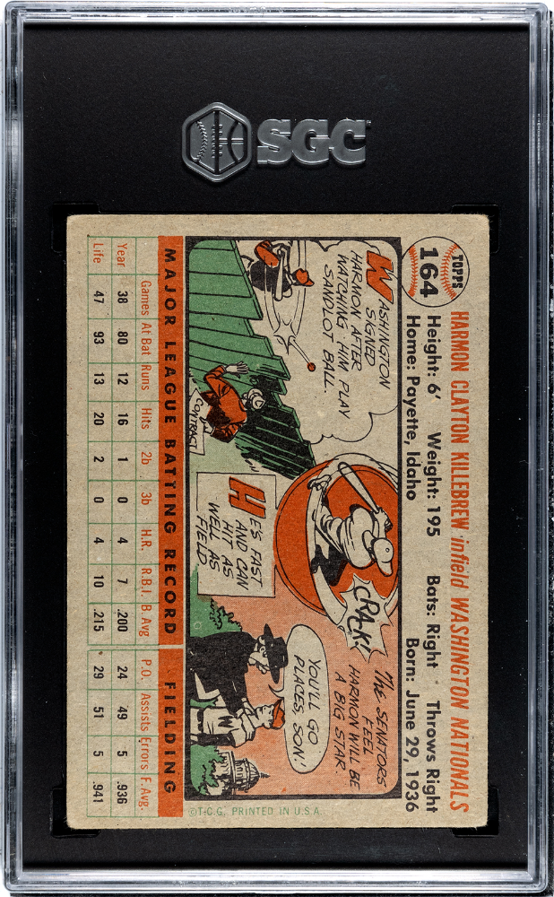 1956 Topps Harmon Killebrew #164 Gray Back SGC 2
