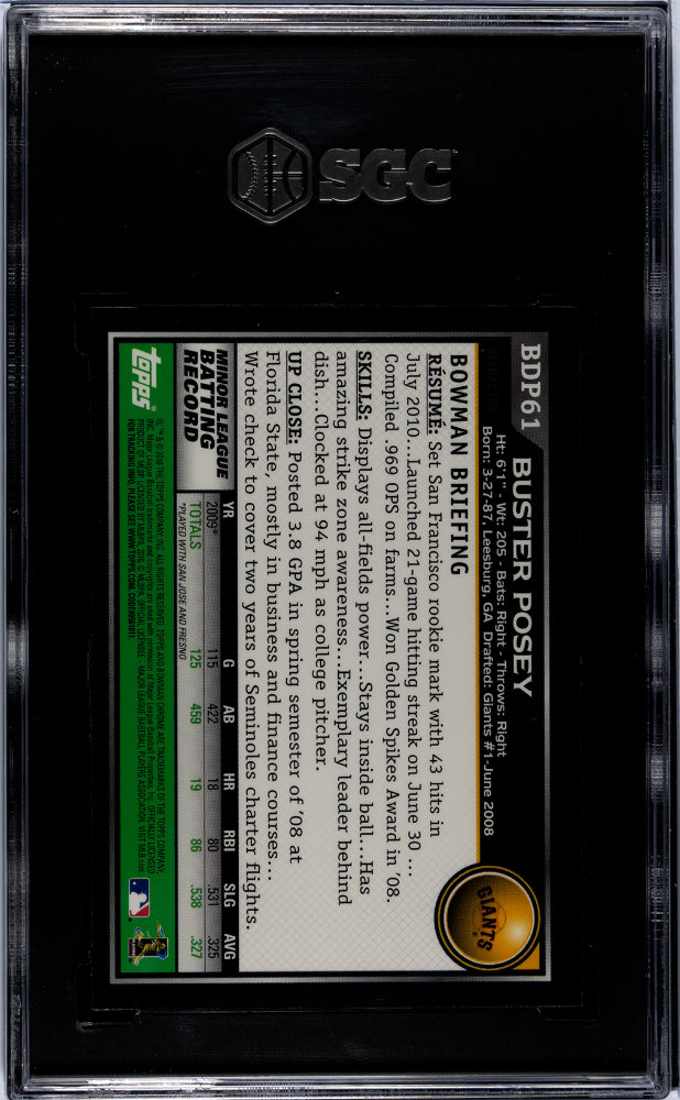 2010 Bowman Chrome Draft Picks & Prospects Buster Posey #BDP61 Refractor SGC 9.5